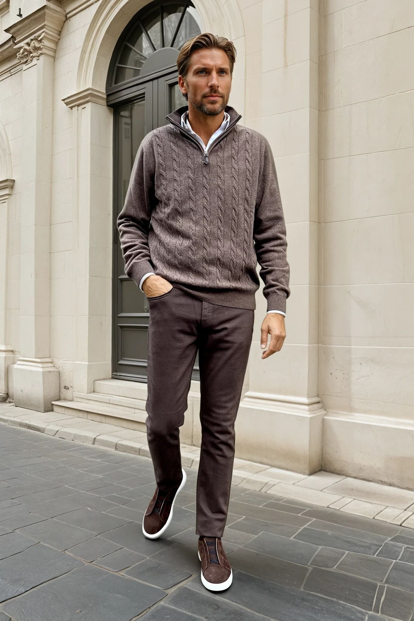 Pull Theo en laine & cachemire à torsade - Taupe-PULL HOMME-Curling-Paris