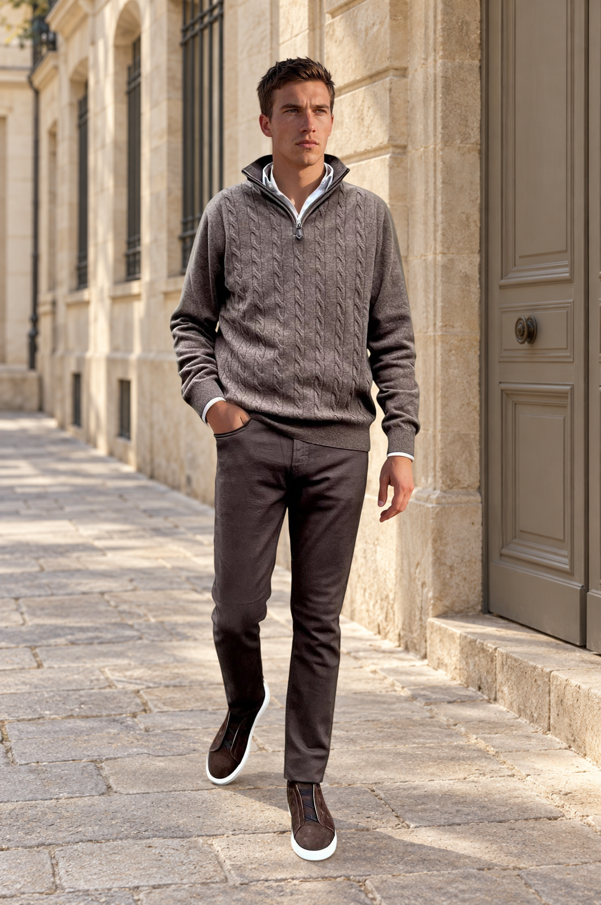 Pull Theo en laine & cachemire à torsade - Taupe-PULL HOMME-Curling-Paris