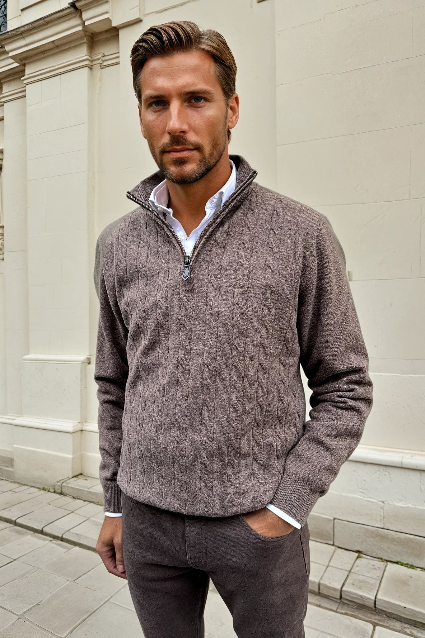 Pull Theo en laine & cachemire à torsade - Taupe-PULL HOMME-Curling-Paris
