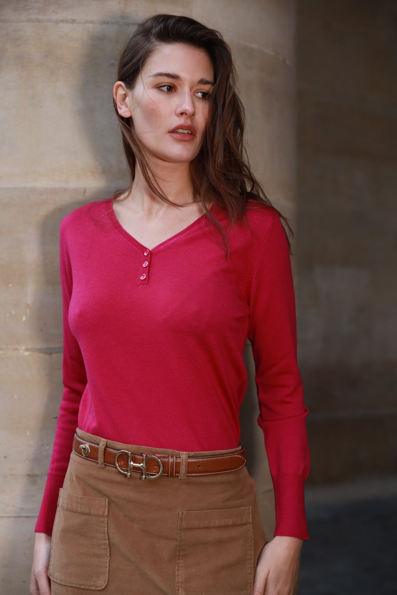 Pull Tulipe col v 100% laine mérinos - Rose-PULL FEMME-Curling-Paris