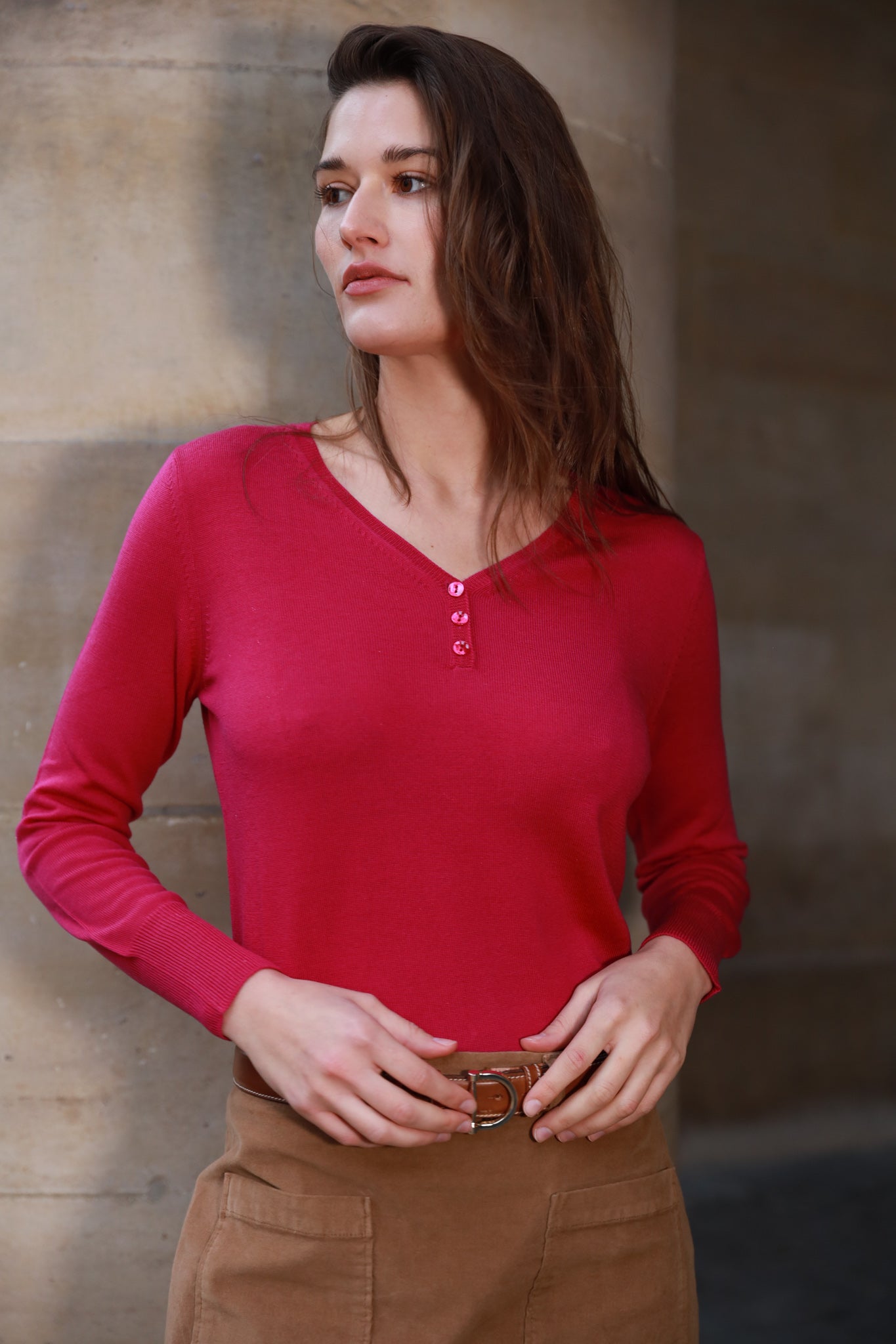 Pull Tulipe col v 100% laine mérinos - Rose-PULL FEMME-Curling-Paris