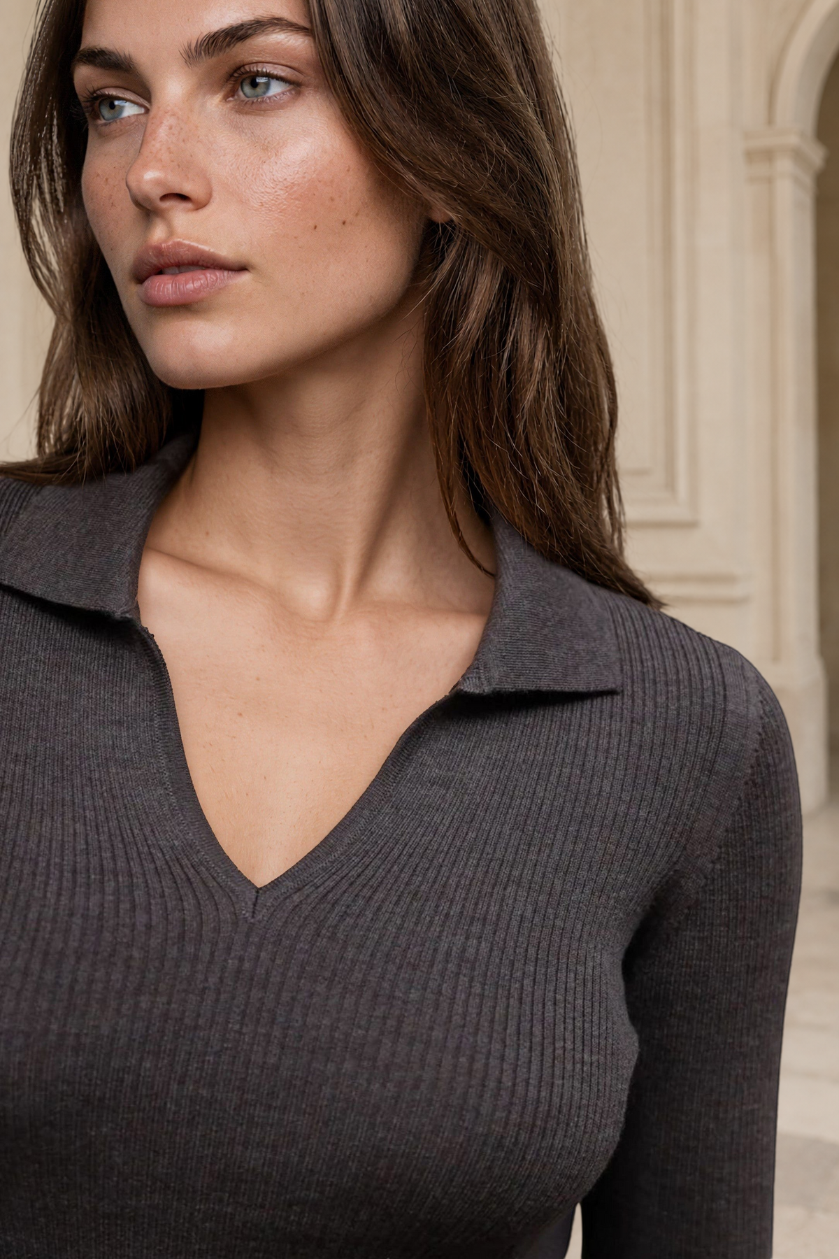 Pull col polo Ophelie en laine mérinos - Marron-PULL FEMME-Curling-Paris