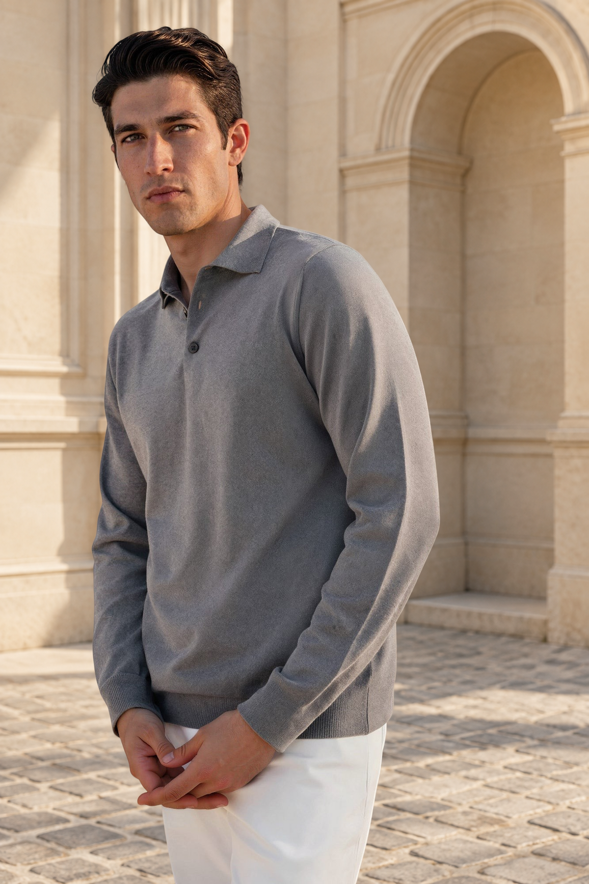Pull col polo en laine merinos - Gris-PULL HOMME-Curling-Paris