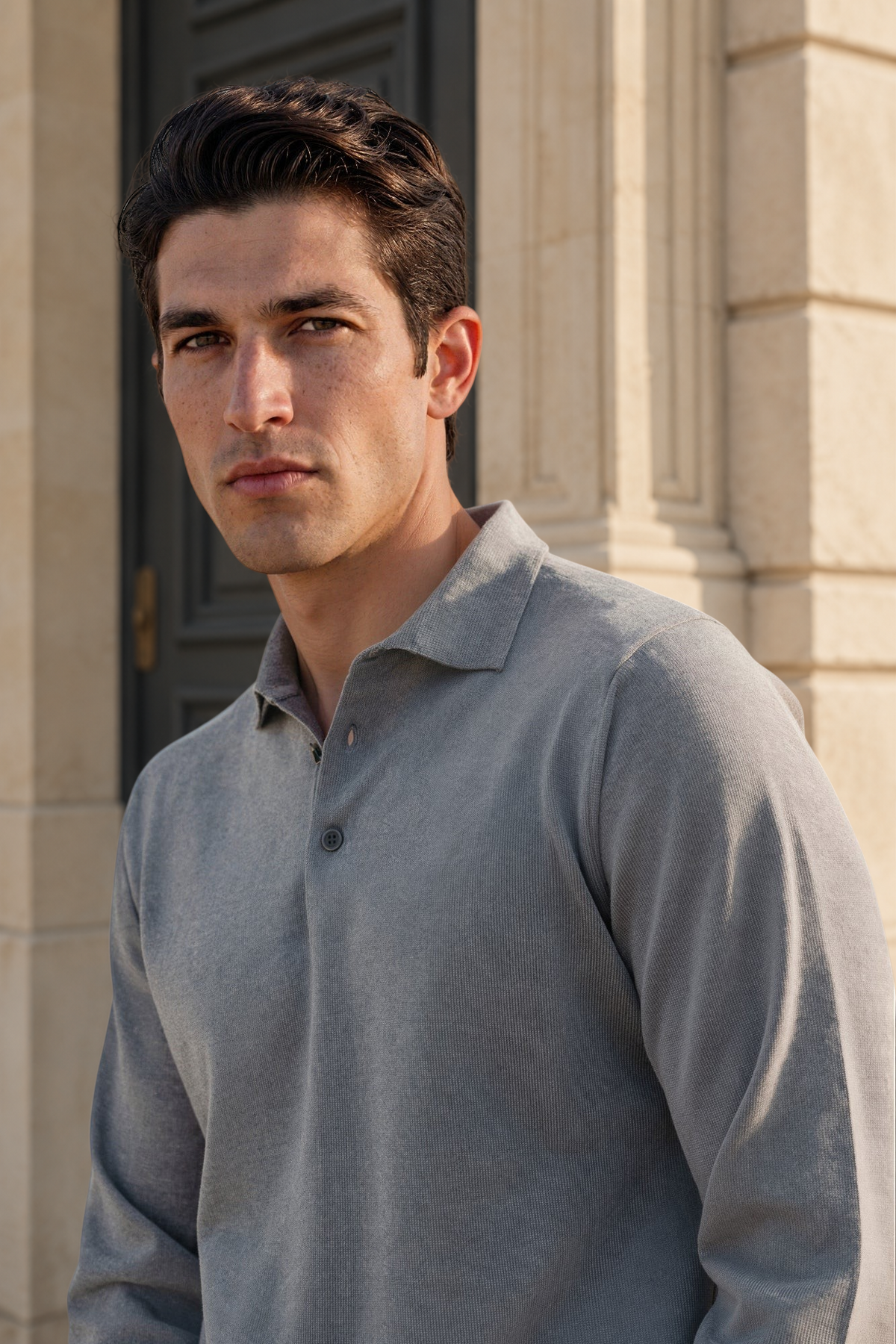 Pull col polo en laine merinos - Gris-PULL HOMME-Curling-Paris