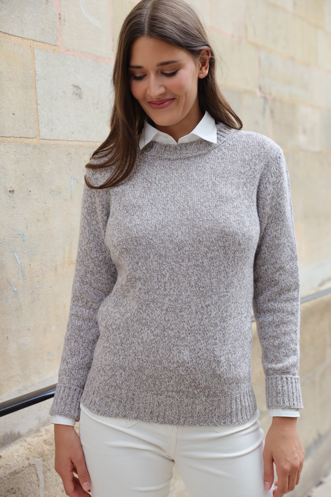 Pull col rond Mona en laine et cachemire - Beige Mouliné-PULL FEMME-Curling-Paris