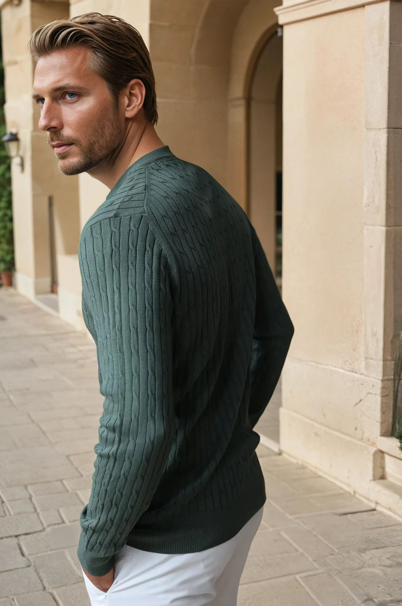 Pull col rond en coton - Torsade kaki-PULL HOMME-Curling-Paris