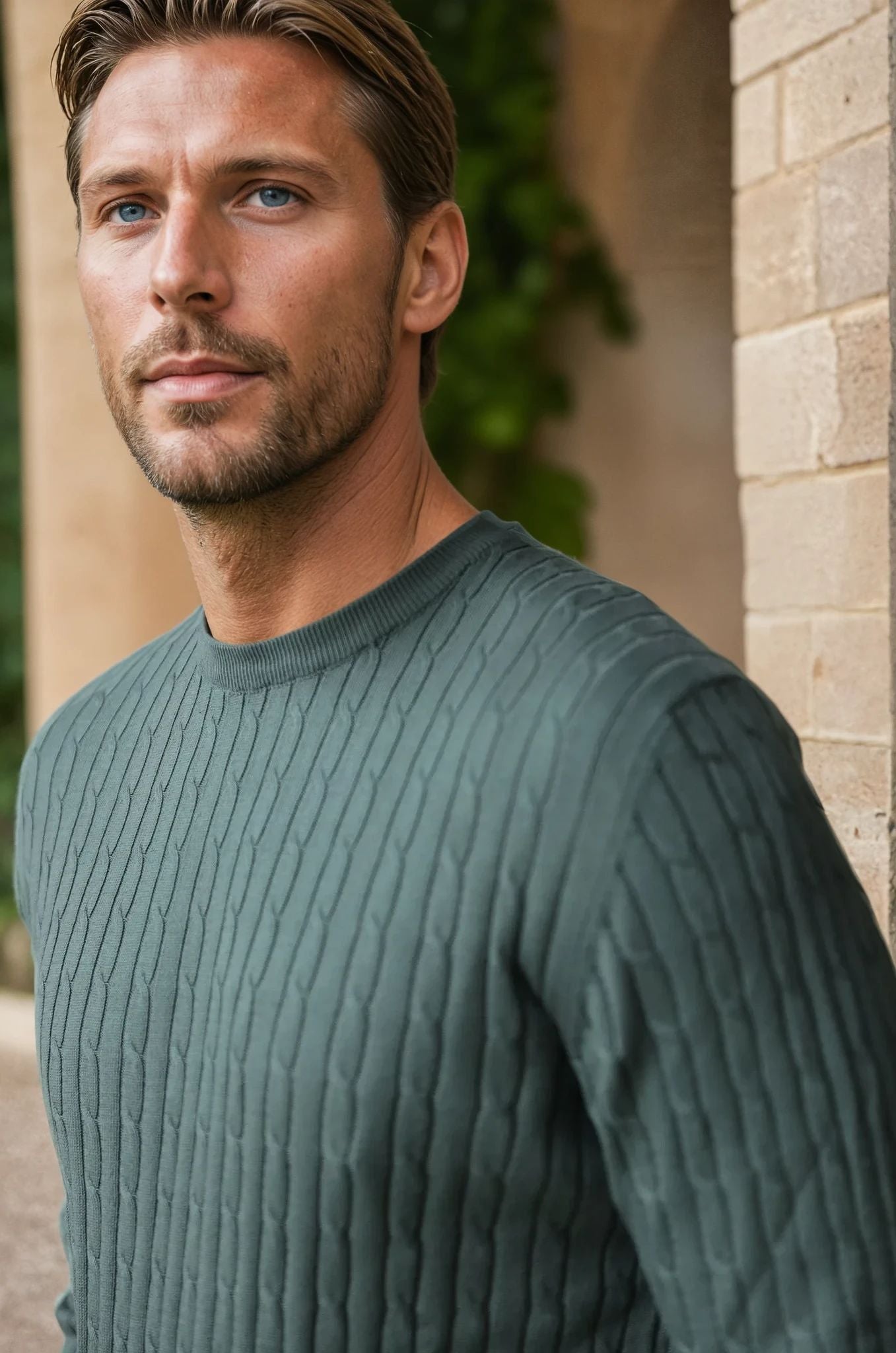 Pull col rond en coton - Torsade kaki-PULL HOMME-Curling-Paris