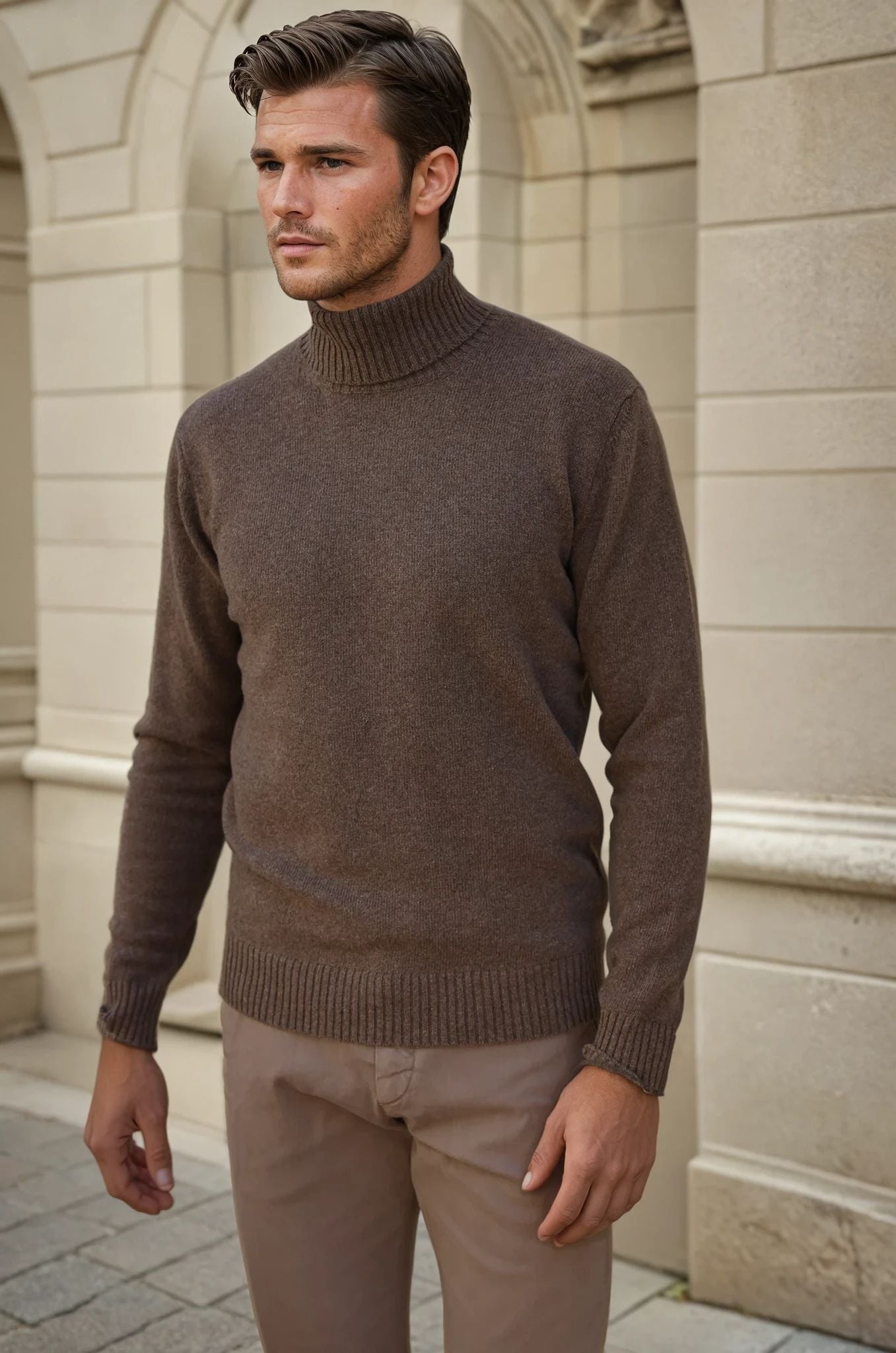 Pull col roulé Vito en laine & cachemire - Taupe-PULL HOMME-Curling-Paris