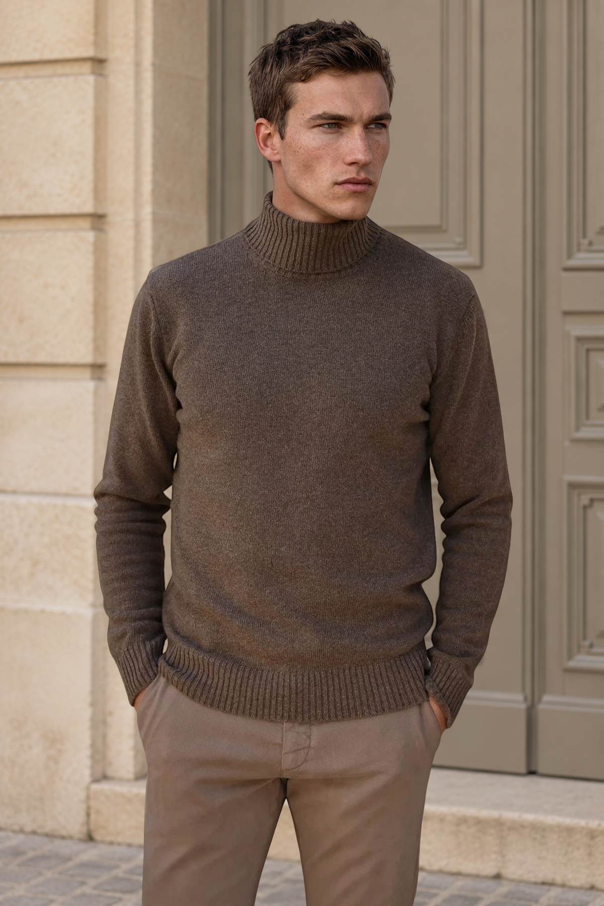 Homme portant un pull col roulé Curling en laine et cachemire taupe, maille jauge 7, dans un paysage désertique.