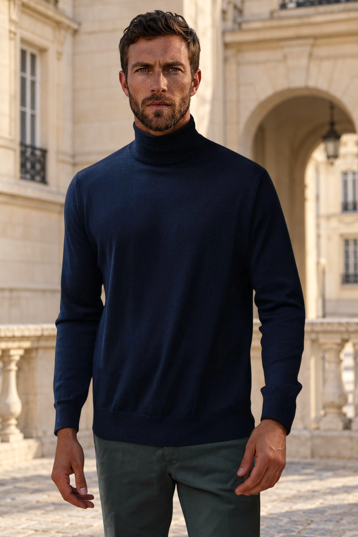 Pull col roulé Yves en laine mérinos - Marine-PULL HOMME-Curling-Paris