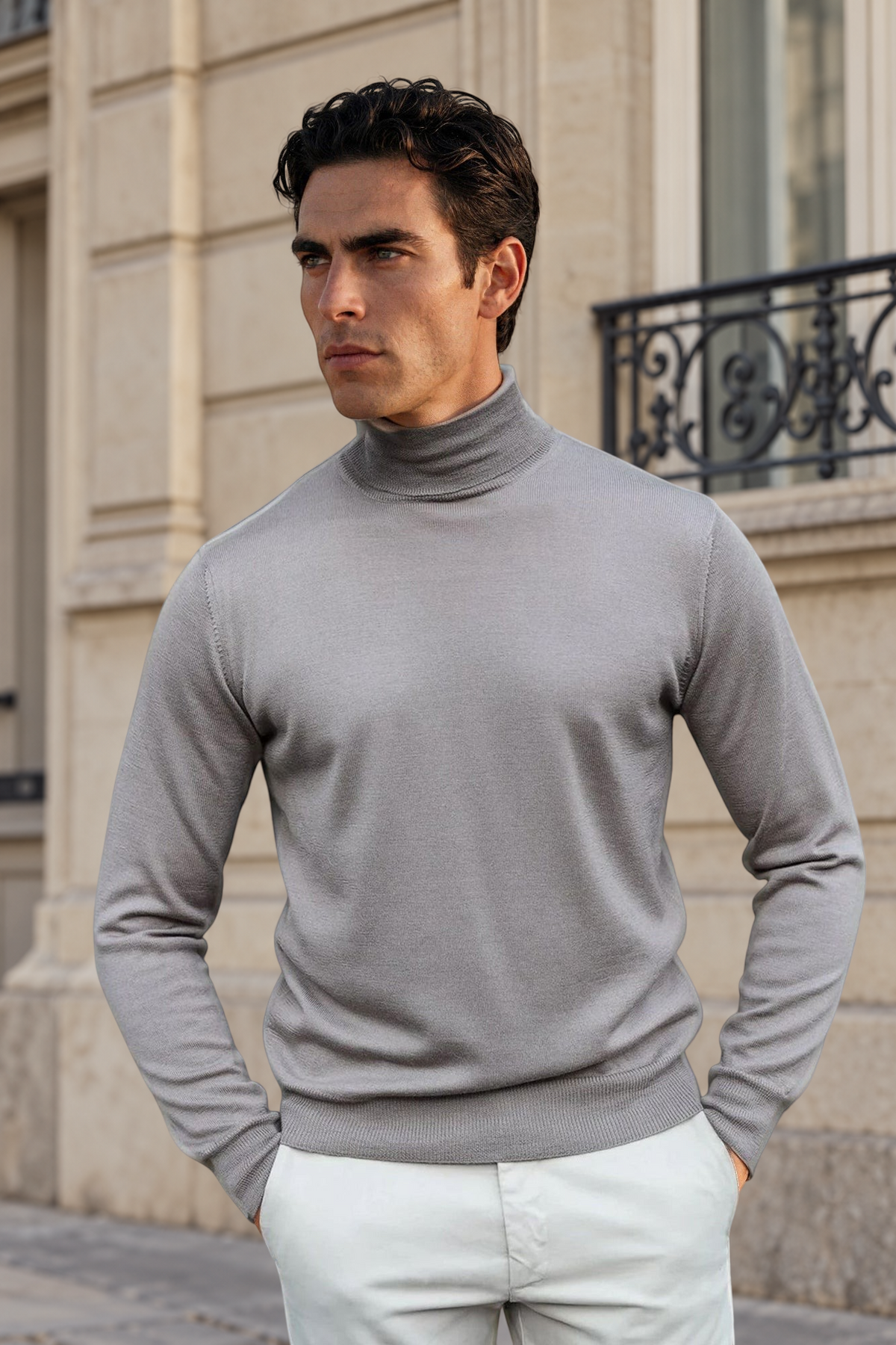 Pull col roulé Yves en laine mérinos - Taupe-PULL HOMME-Curling-Paris