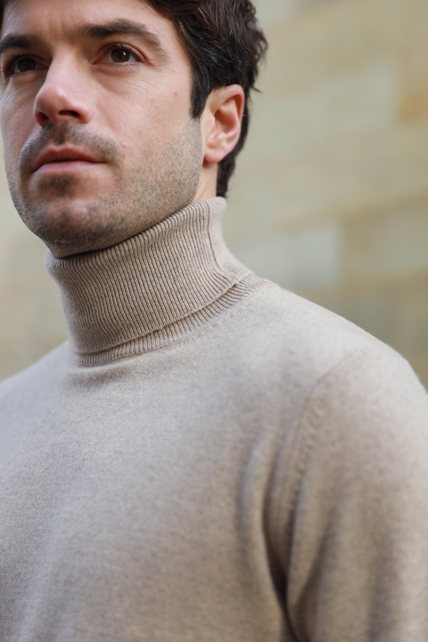 Pull homme col roulé 100% cachemire double fils beige - Curling Paris