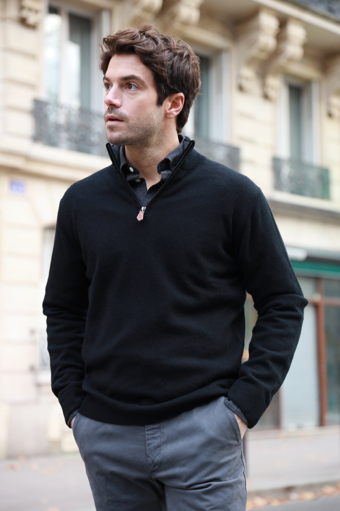 Pull col zippé Amar 100% cachemire - Noir-PULL HOMME-Curling-Paris