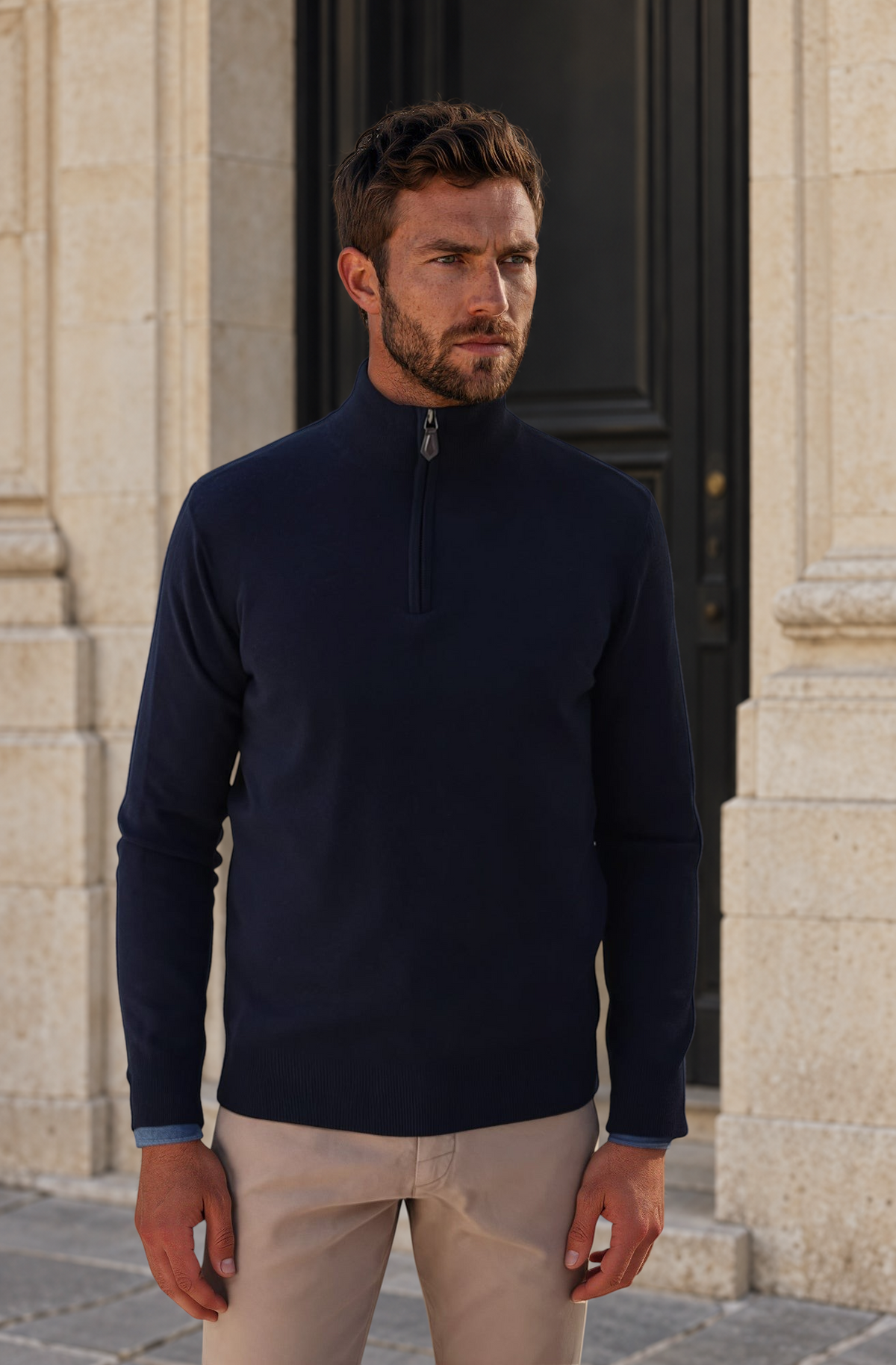 Pull homme Amar col zippé 100% cachemire – Marine-PULL HOMME-Curling-Paris