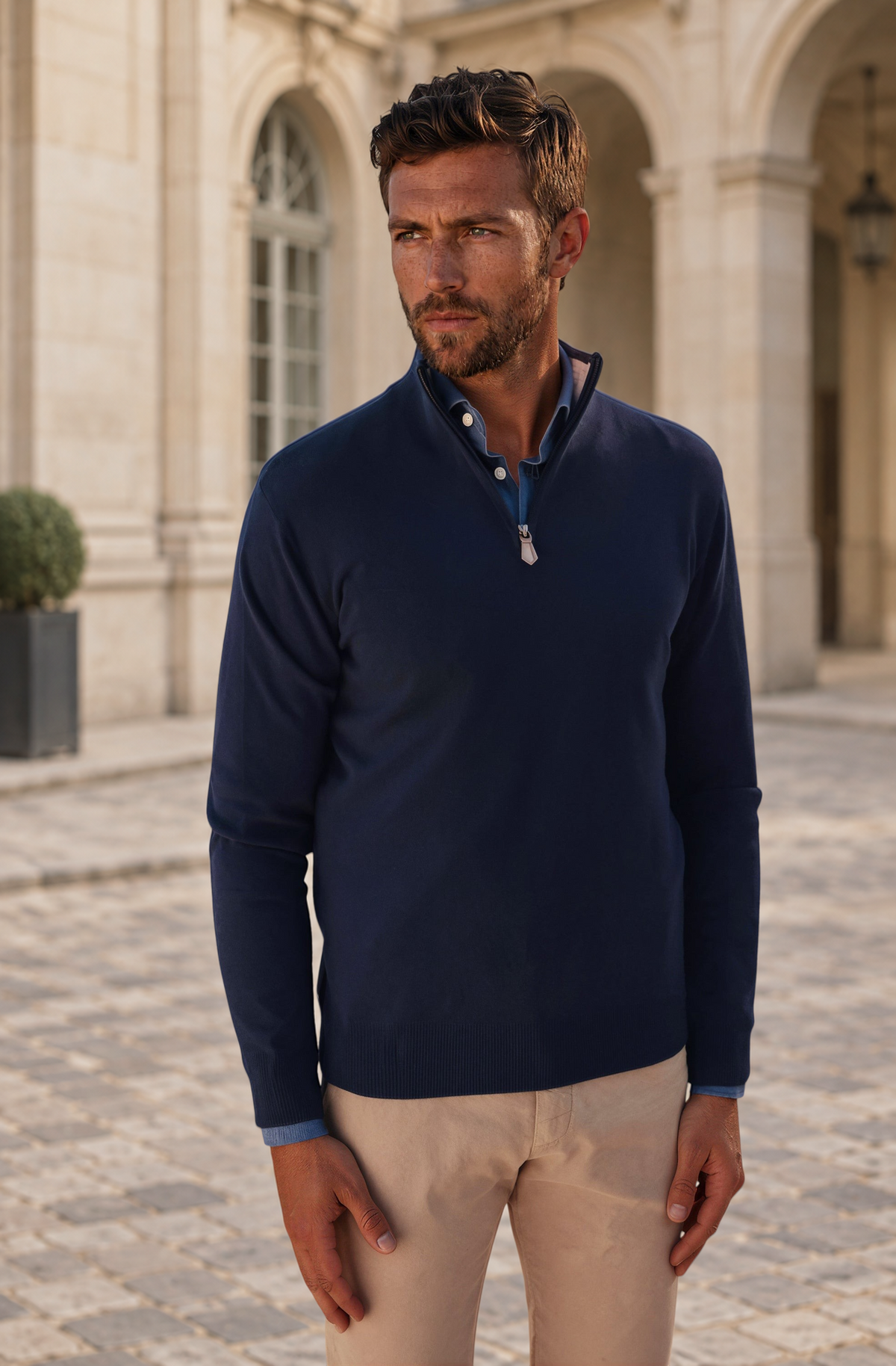 Pull homme Amar col zippé 100% cachemire – Marine-PULL HOMME-Curling-Paris