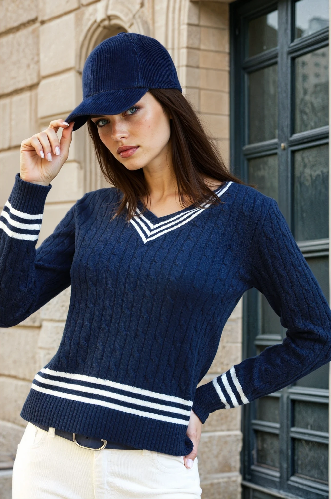 Pull maeva Col V en laine et cachemire - Marine-PULL FEMME-Curling-Paris