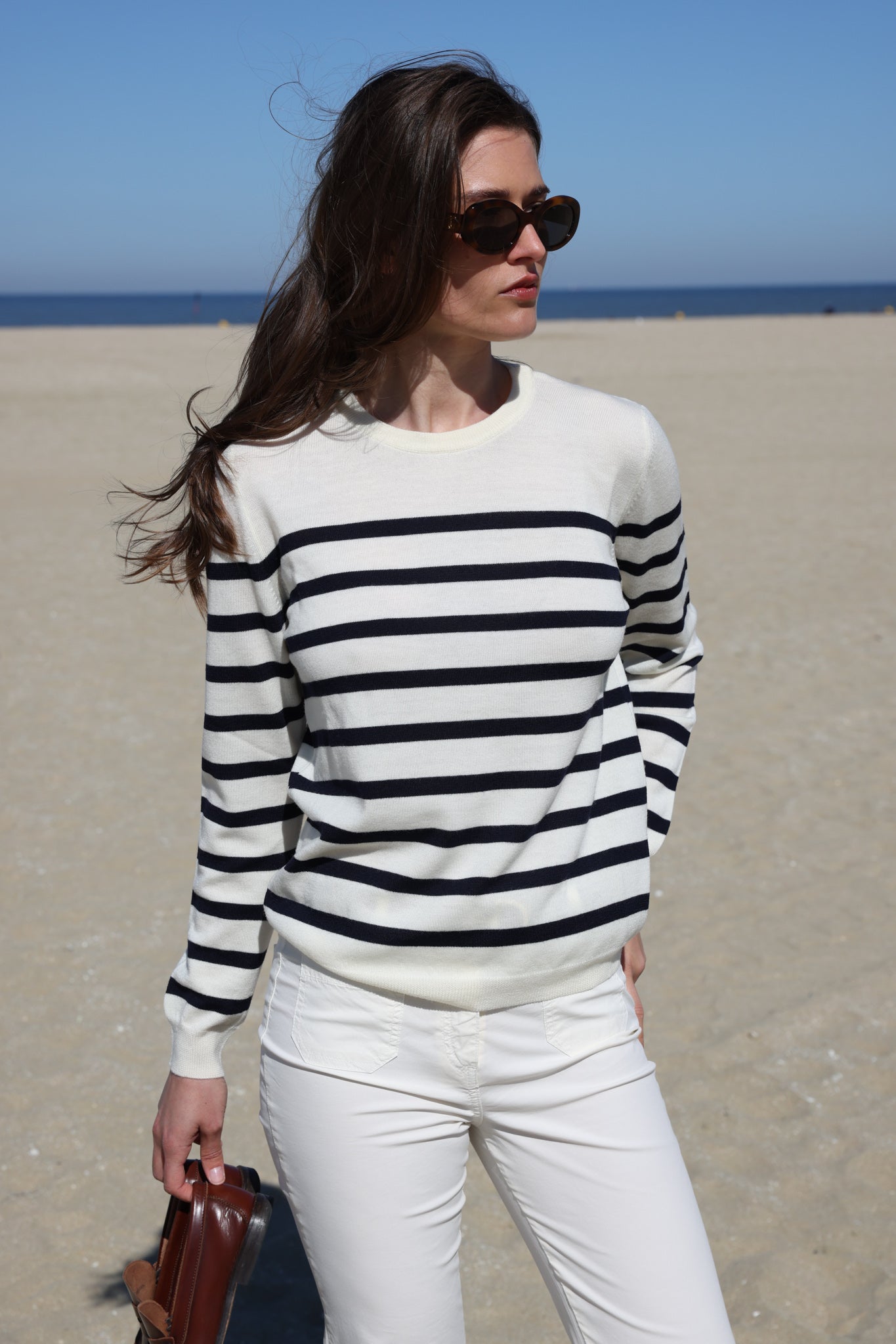 Pull marinière Piana en laine mérinos - Ecru/Marine-PULL FEMME-Curling-Paris