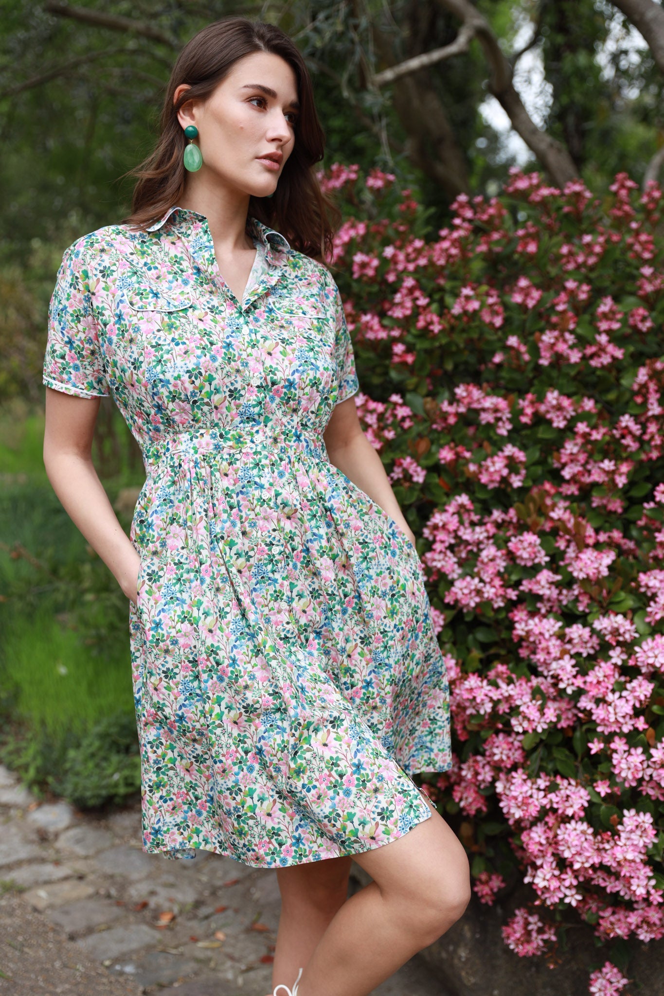 Robe Rosa en coton liberty - Vert-ROBE FEMME-Curling-Paris