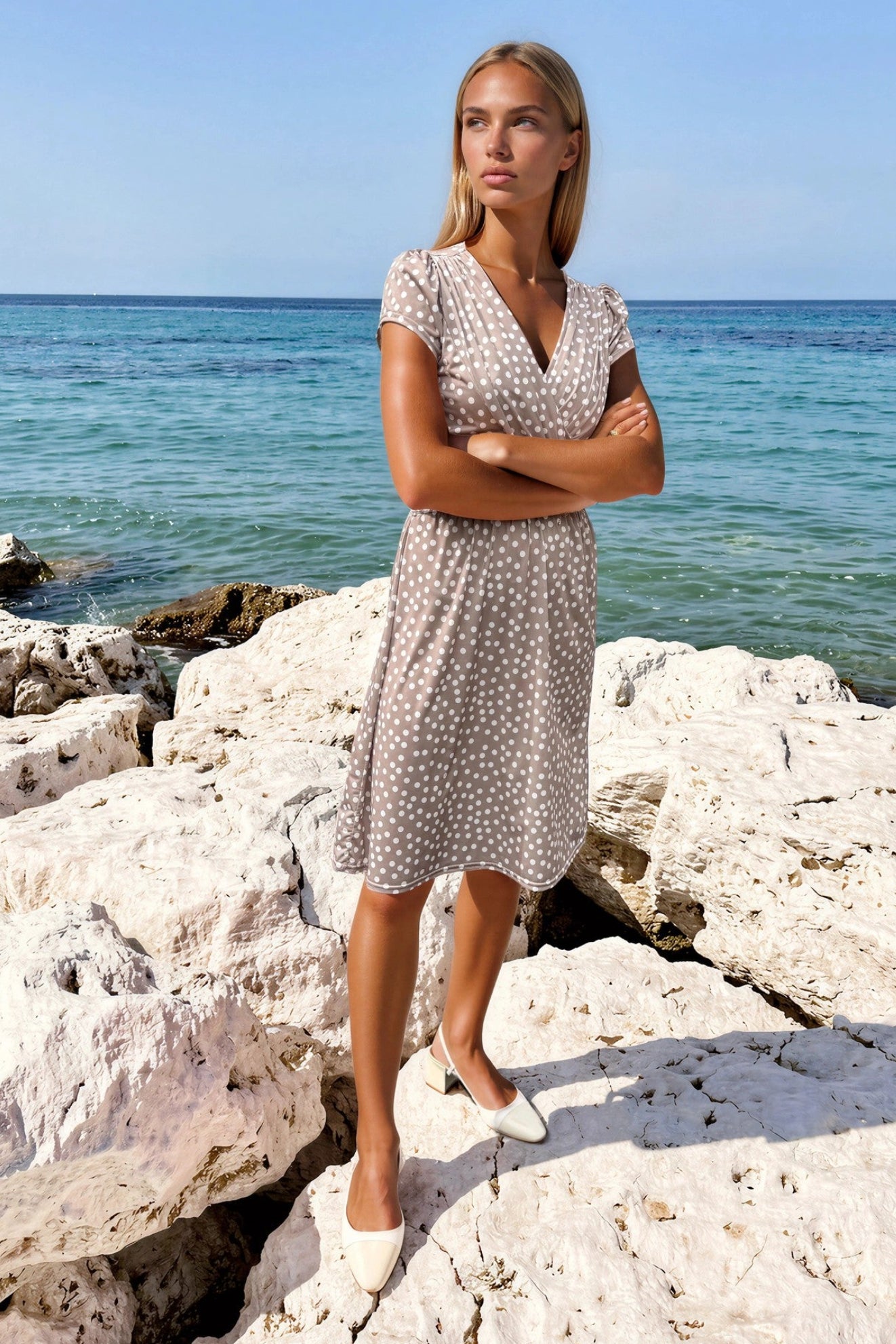 Robe Vogue infroissable - Pois beige-ROBE FEMME-Curling-Paris