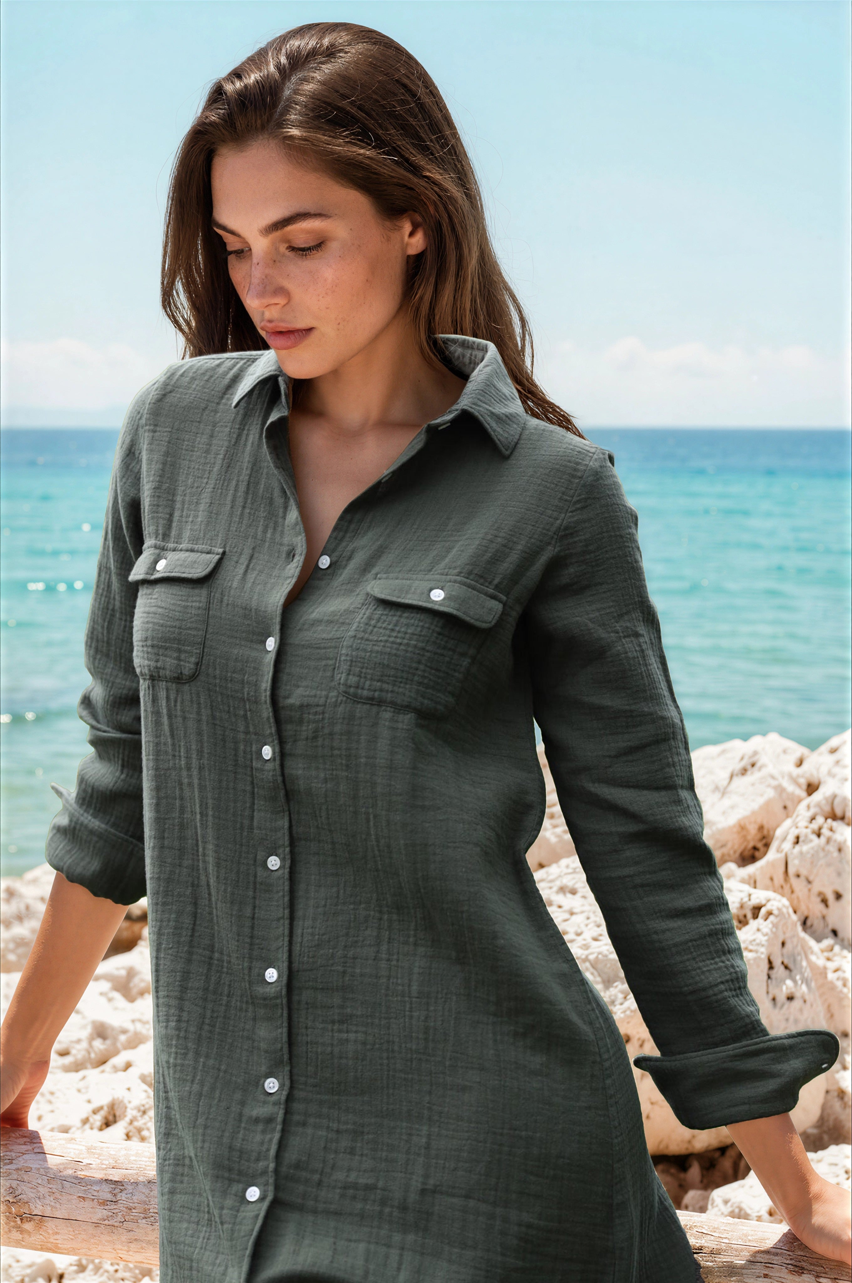 Robe chemisier June en gaze de coton - Kaki-ROBE FEMME-Curling-Paris