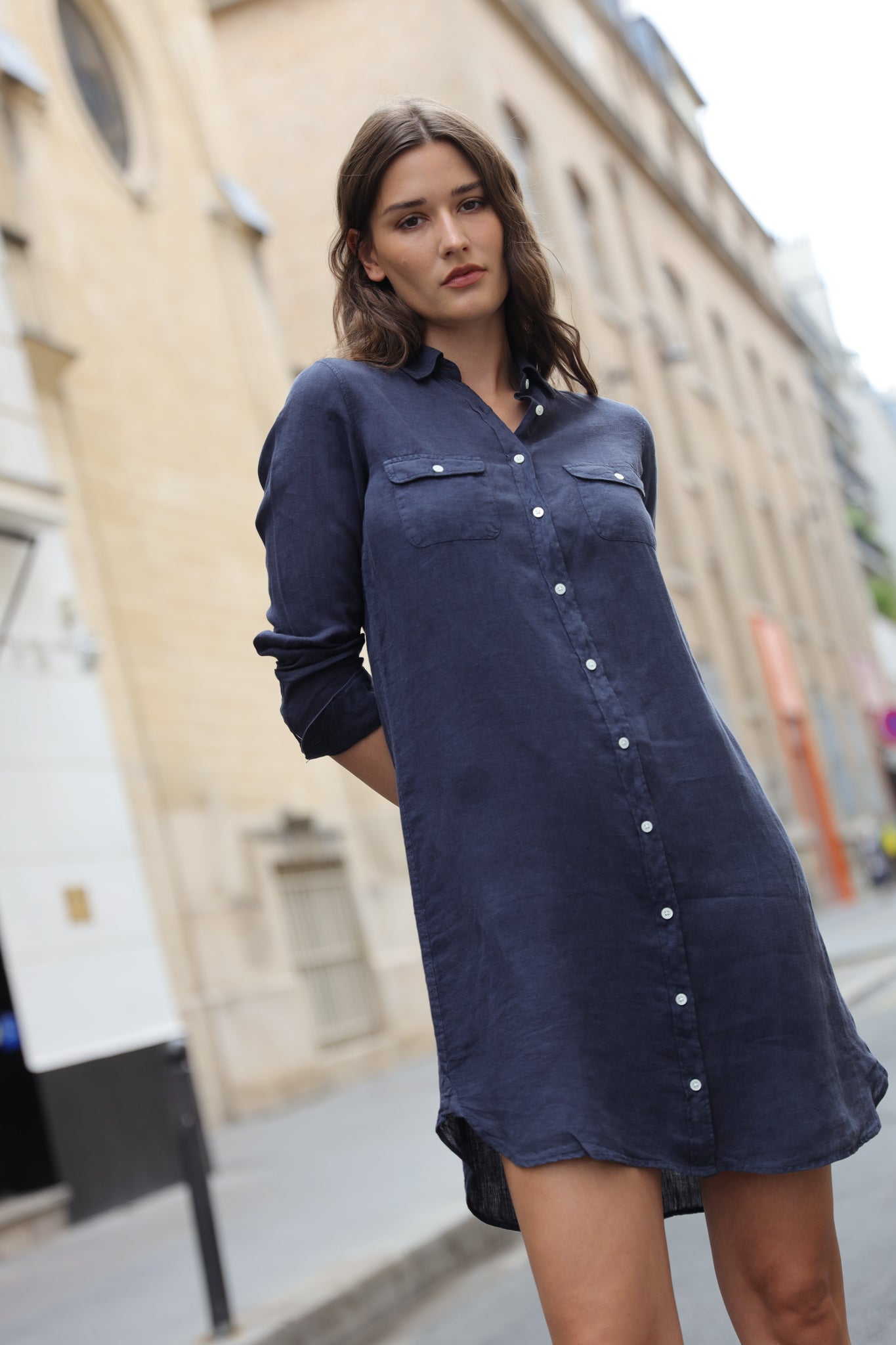 Robe chemisier June en lin - Marine-ROBE FEMME-Curling-Paris