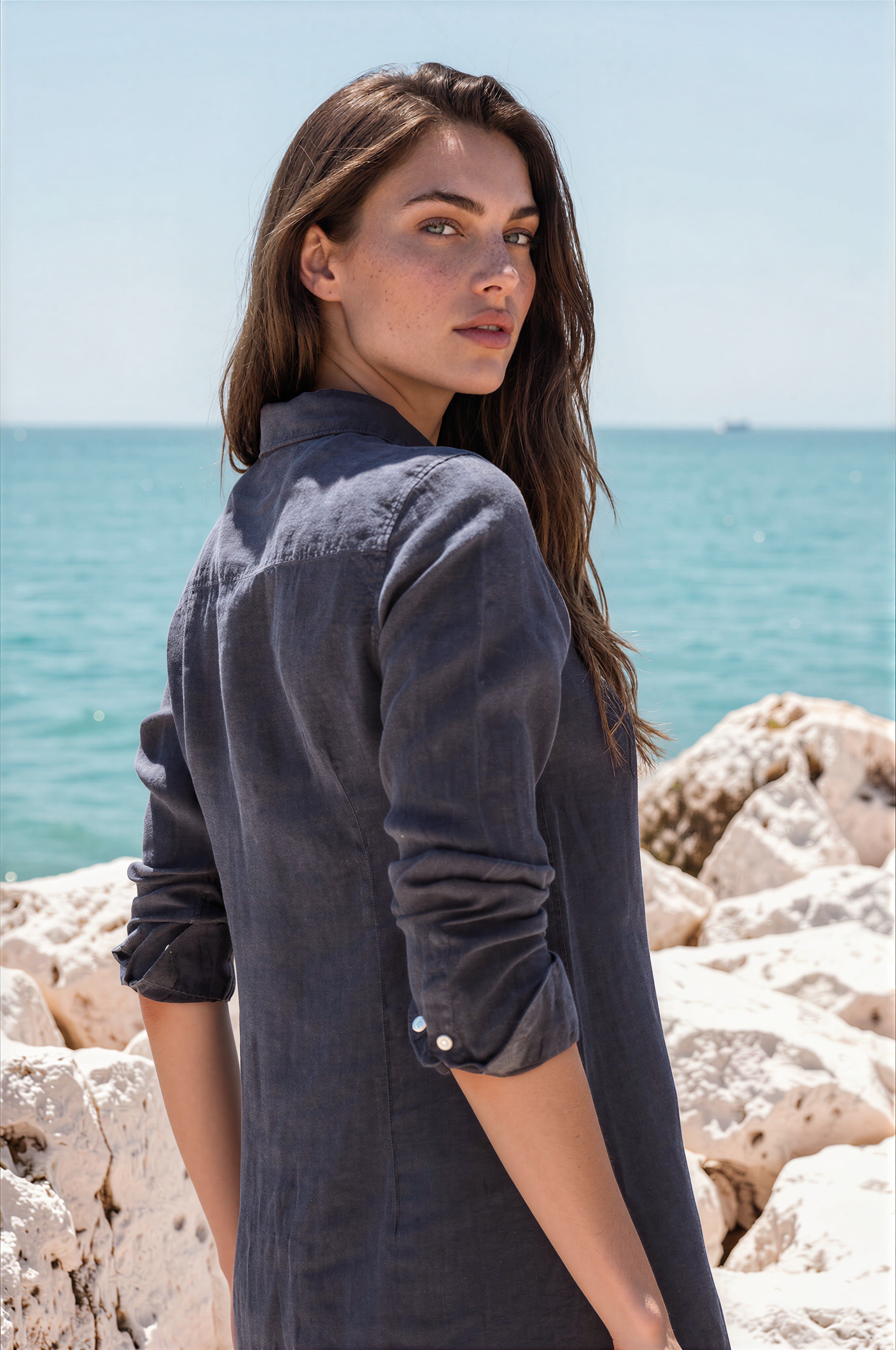 Robe chemisier June en lin - Marine-ROBE FEMME-Curling-Paris