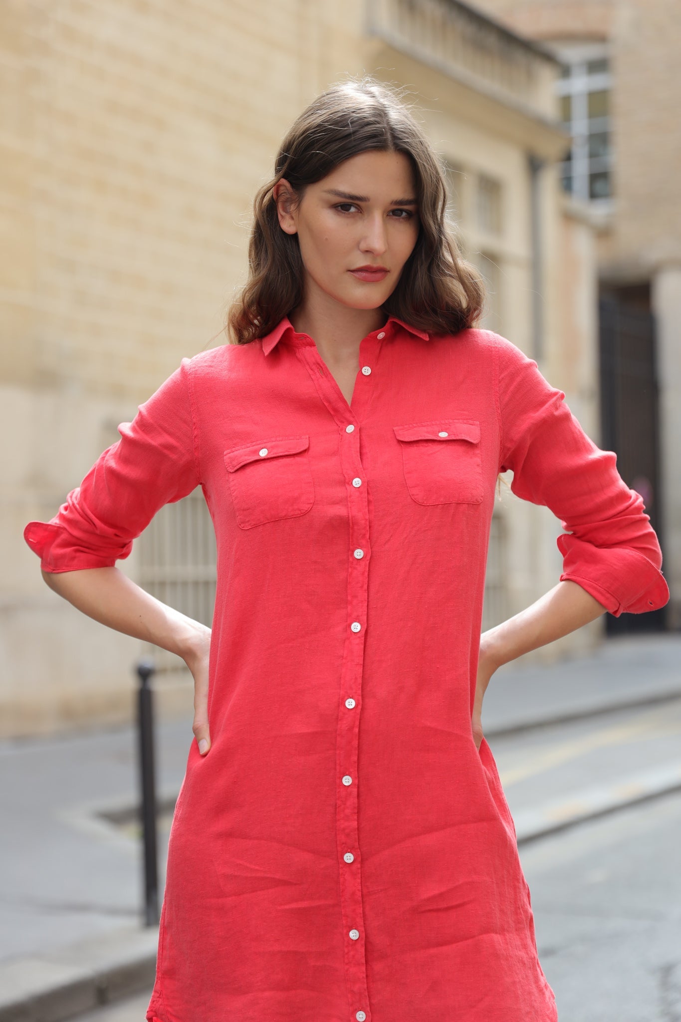 Robe chemisier June en lin - Rouge-ROBE FEMME-Curling-Paris