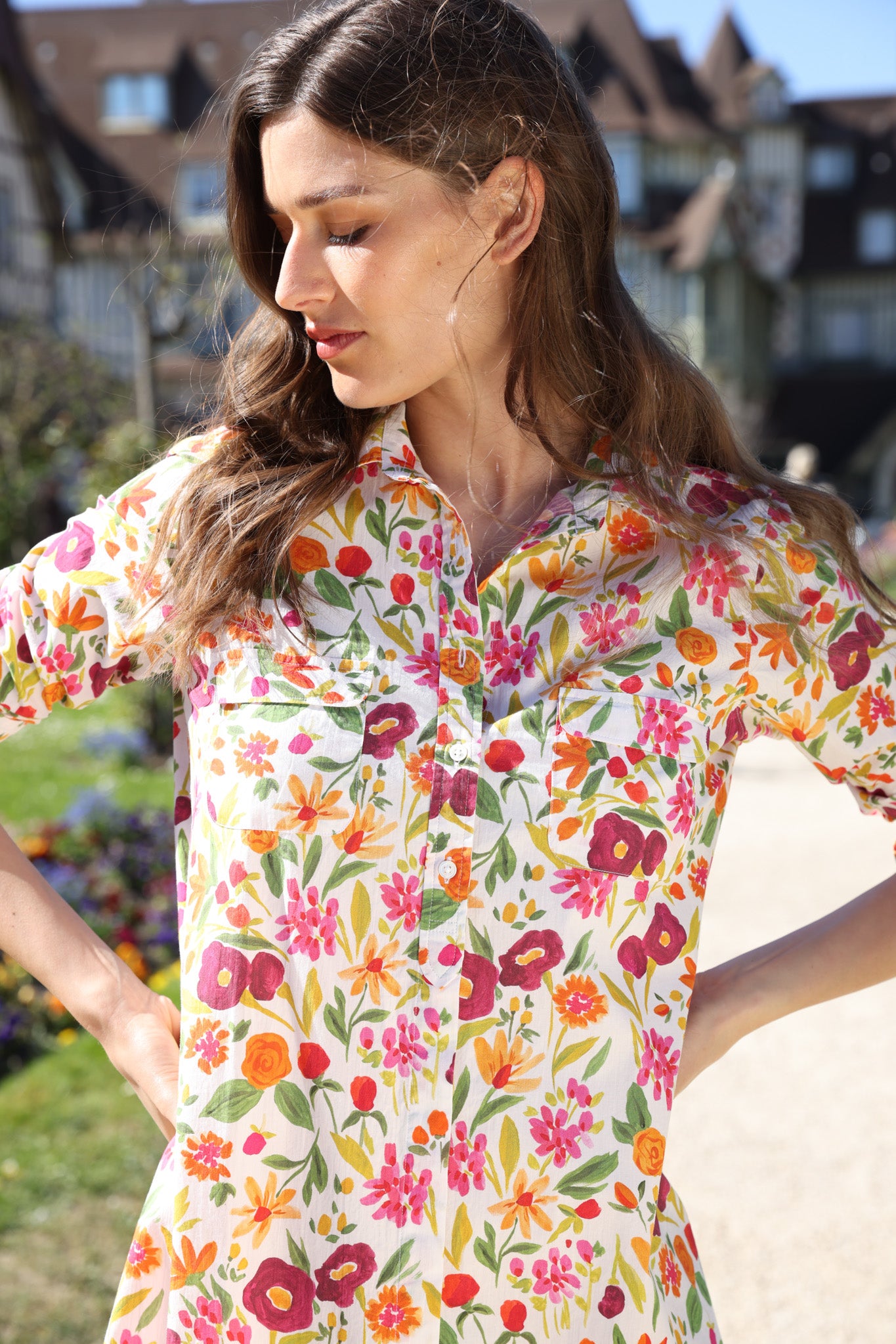 Robe chemisier Rania en coton - Fleurs prune & orange-ROBE FEMME-Curling-Paris