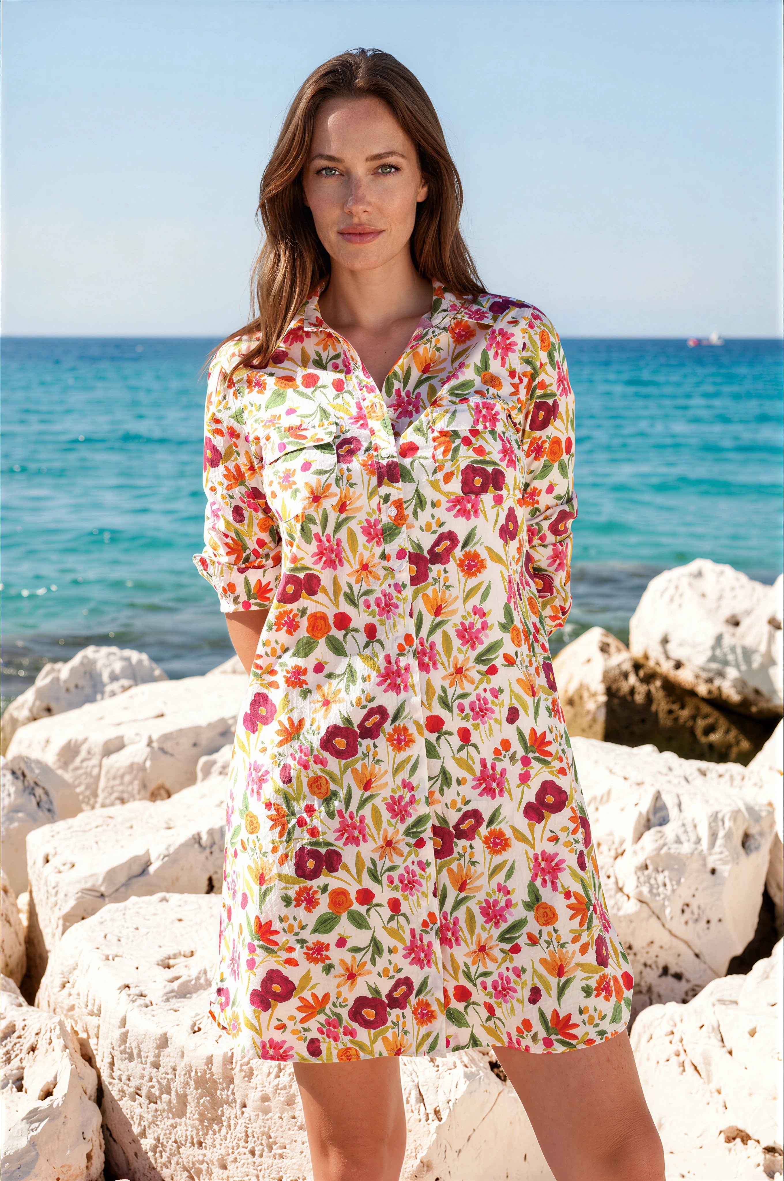 Robe chemisier Rania en coton - Fleurs prune & orange-ROBE FEMME-Curling-Paris