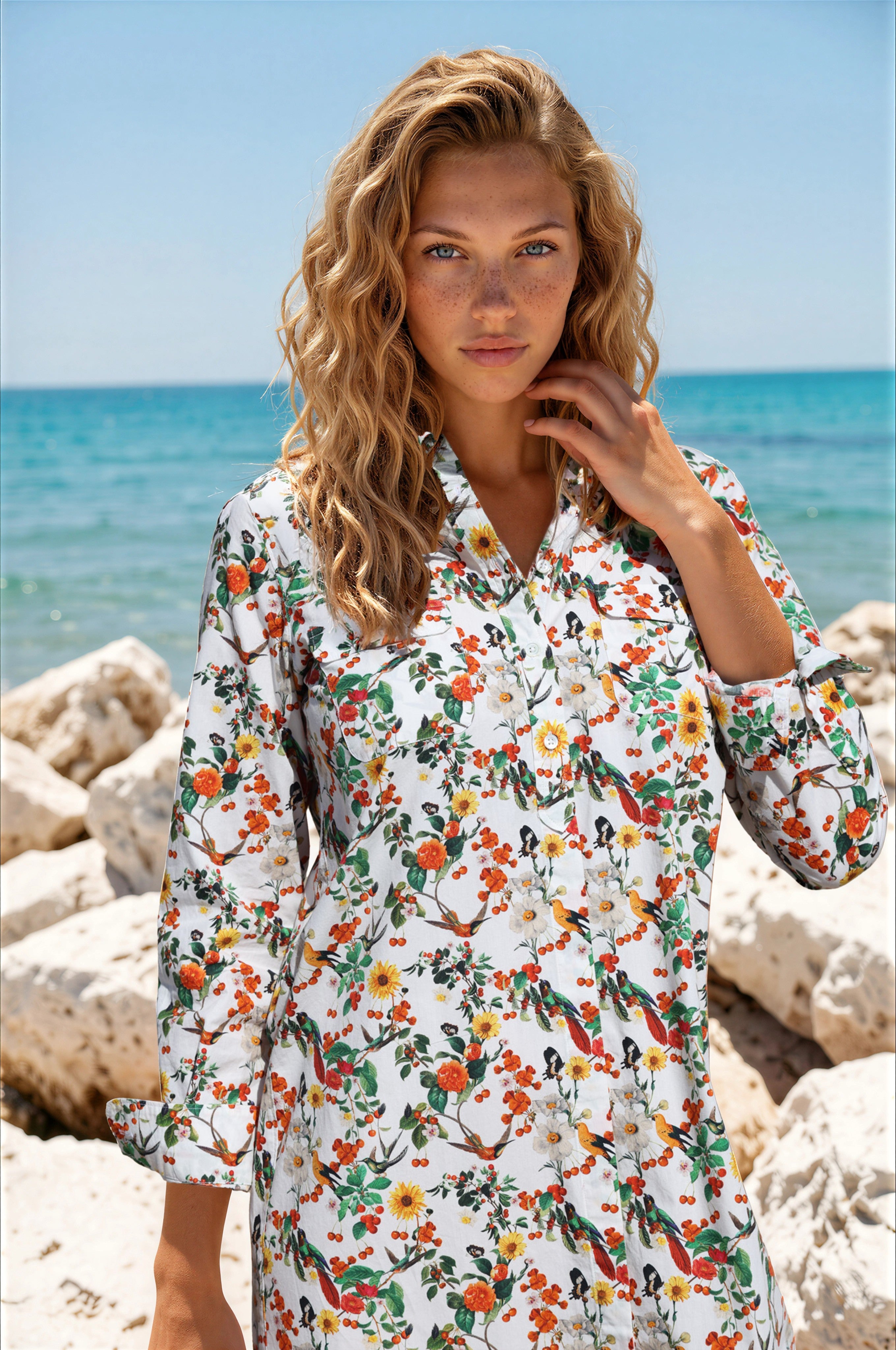 Robe chemisier Rania en coton - Oiseaux-ROBE FEMME-Curling-Paris