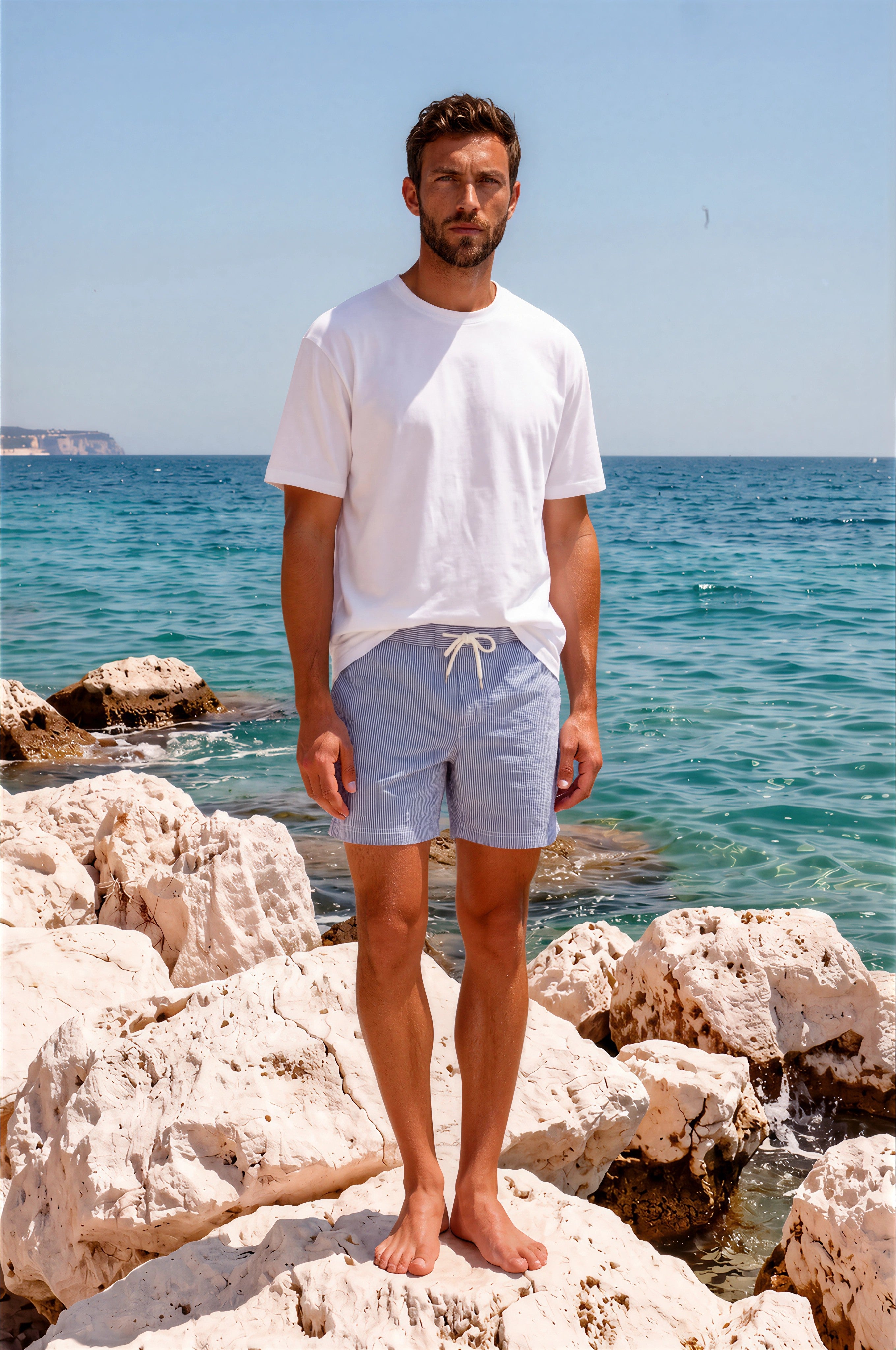 Short de bain en seersucker - Rayé bleu-MAILLOT DE BAIN HOMME-Curling-Paris