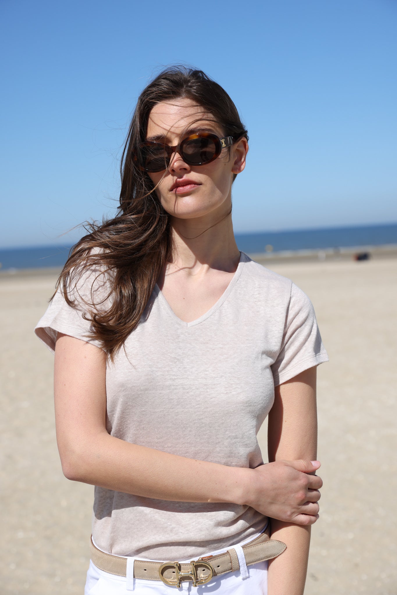 T shirt col en v lin - Beige-T-SHIRT FEMME-Curling-Paris