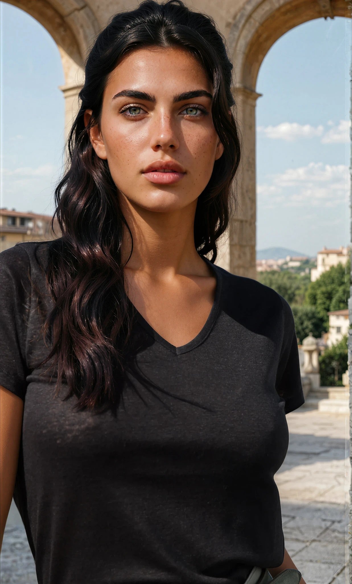 T-shirt col en v lin - Noir-T-SHIRT FEMME-Curling-Paris