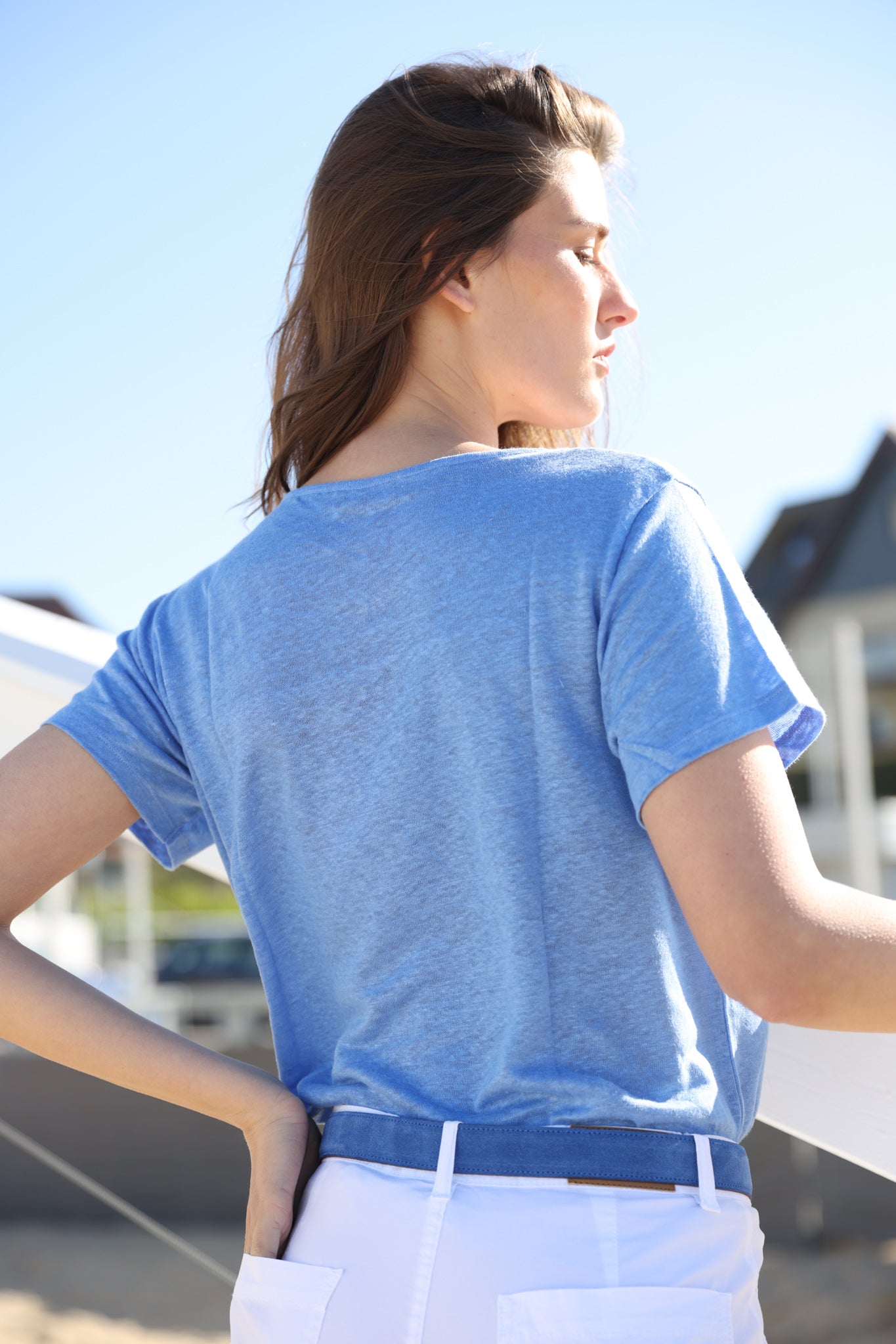 T shirt col v en lin - Azur-T-SHIRT FEMME-Curling-Paris