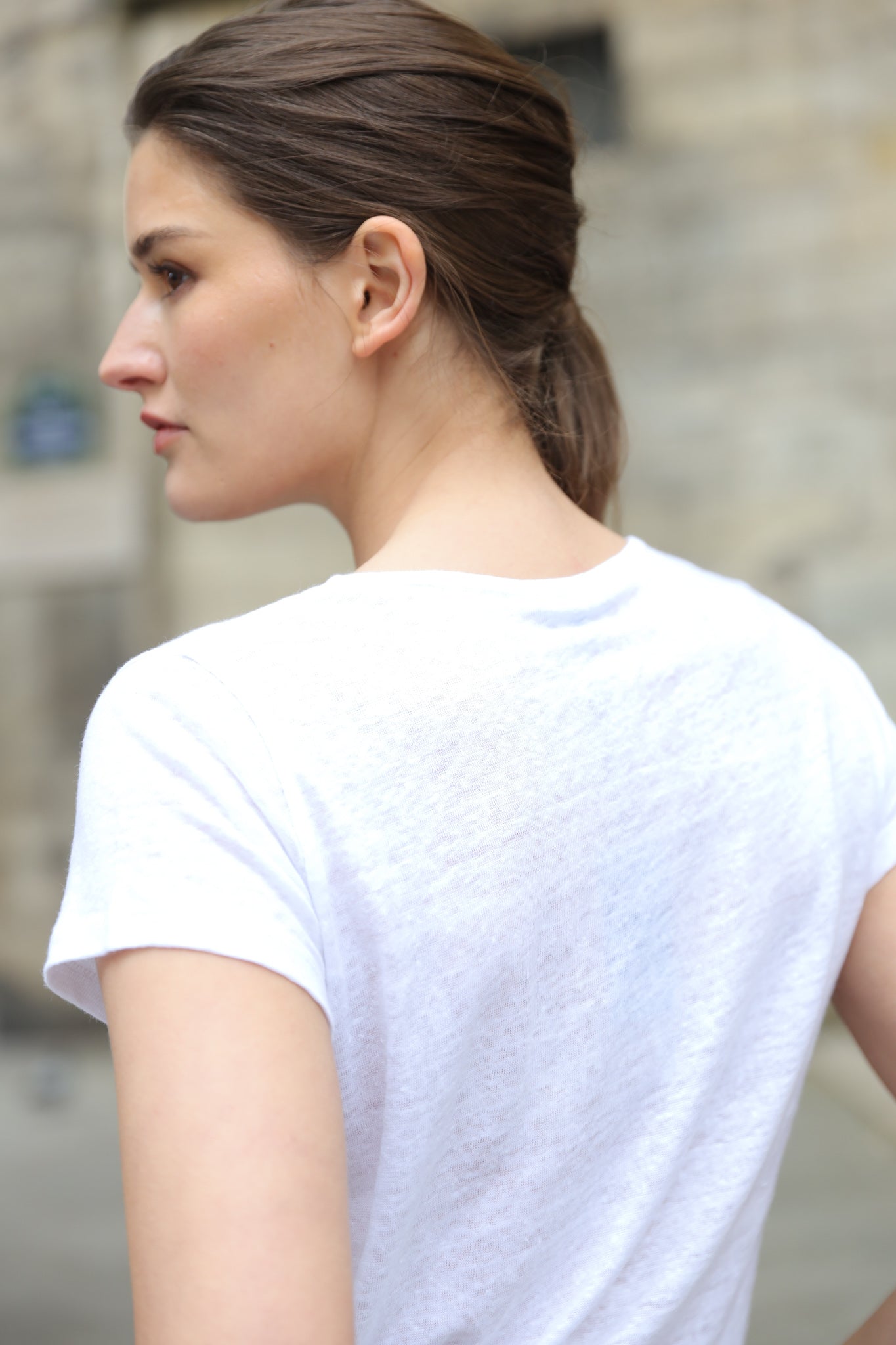 T-shirt col v en lin - Blanc-T-SHIRT FEMME-Curling-Paris