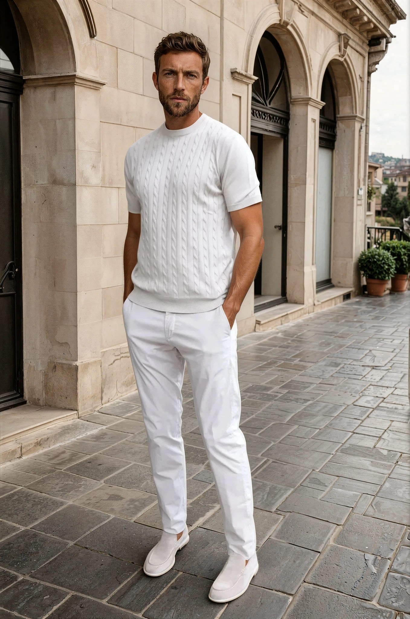 T-shirt en maille Gege col rond à torsades en coton - Beige-PULL HOMME-Curling-Paris