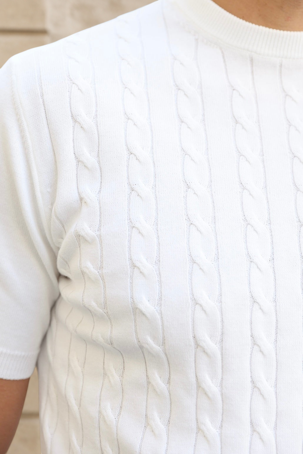 T-shirt en maille Gege col rond à torsades en coton - Ecru-PULL HOMME-Curling-Paris