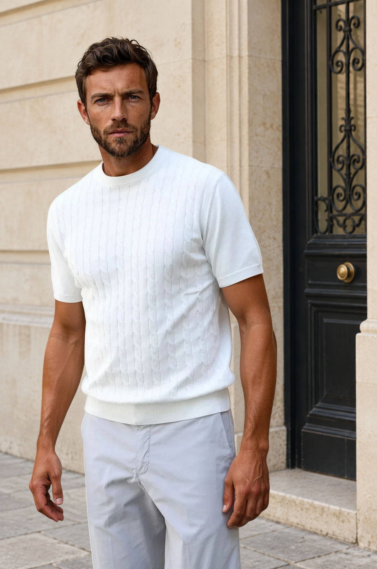 T-shirt en maille Gege col rond à torsades en coton - Ecru-PULL HOMME-Curling-Paris