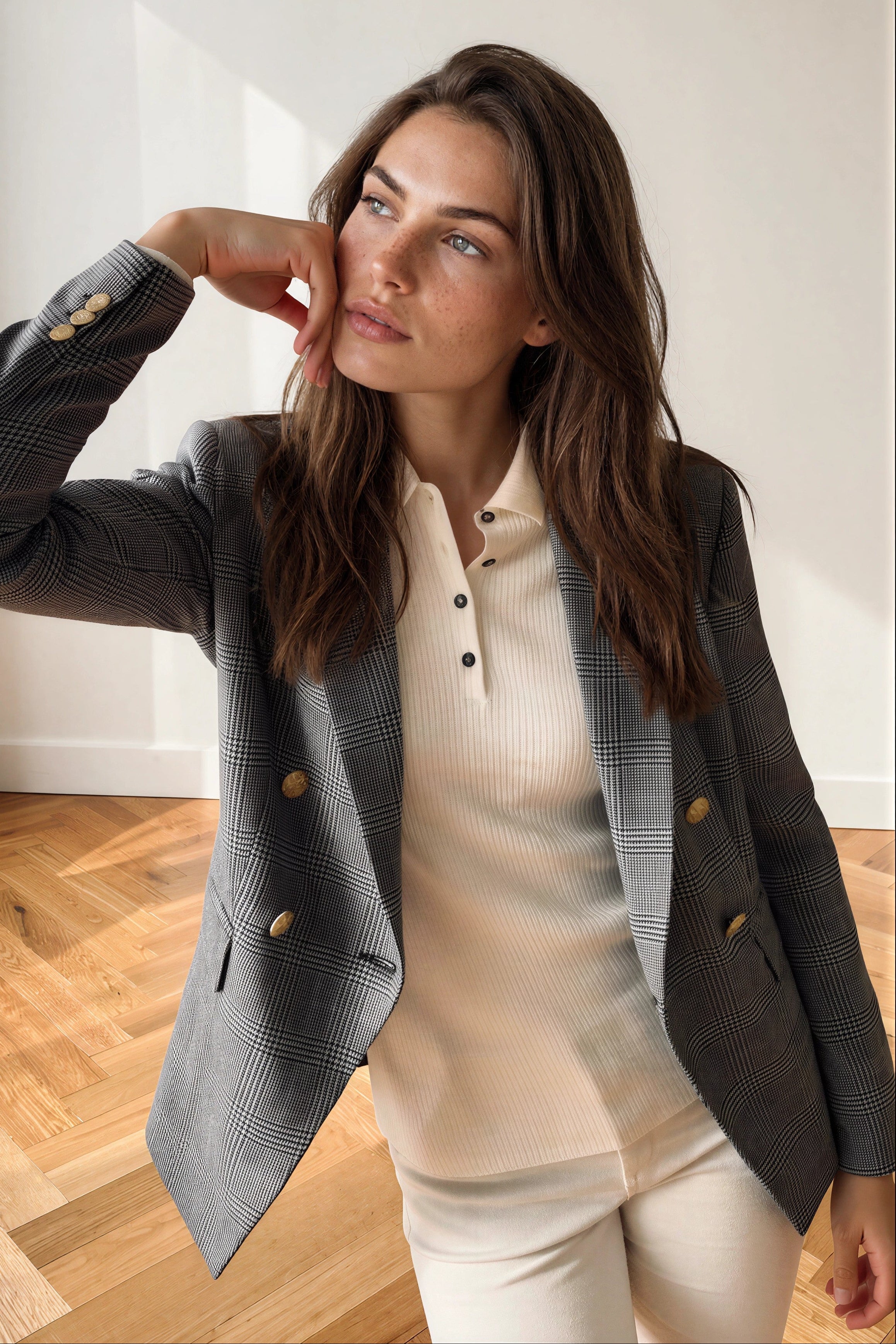 Vest Brigitte en laine - Prince de galles bleu-VESTE BLAZER FEMME-Curling-Paris