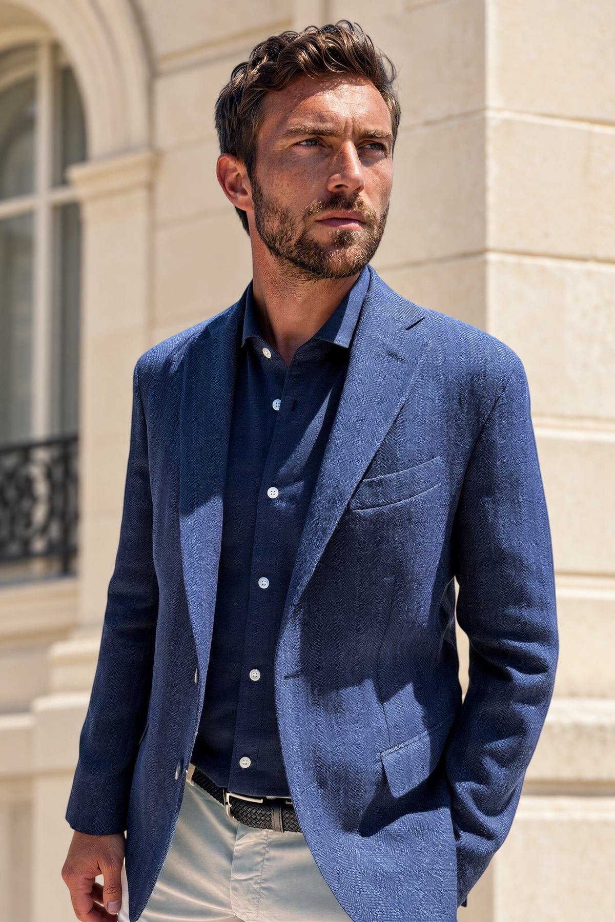 Veste Giorgio en laine et lin à Grands chevrons - Jeans-VESTE BLAZER HOMME-Curling-Paris