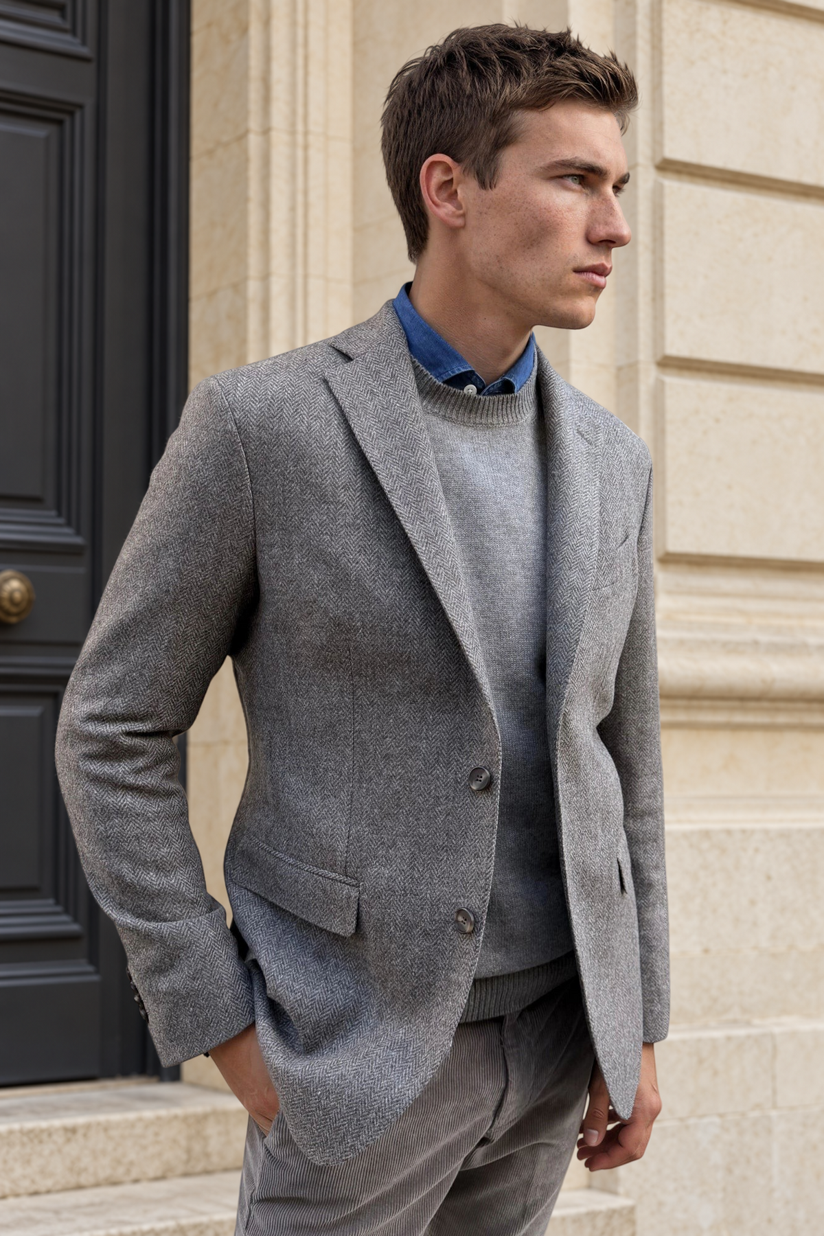 Veste Giorgio en laine vierge Bottoli à chevrons - Taupe-VESTE BLAZER HOMME-Curling-Paris