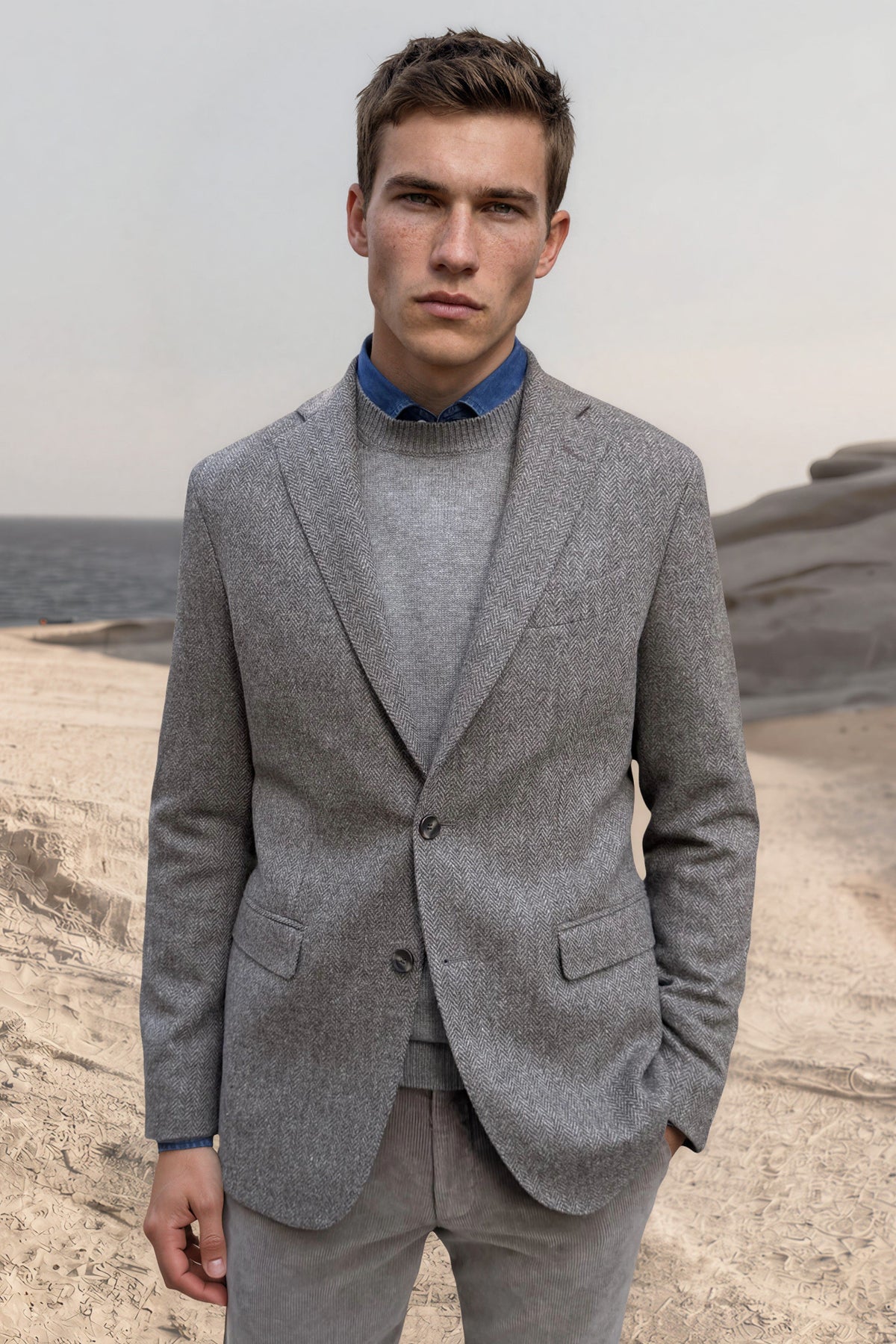 Veste Giorgio en laine vierge Bottoli à chevrons - Taupe-VESTE BLAZER HOMME-Curling-Paris