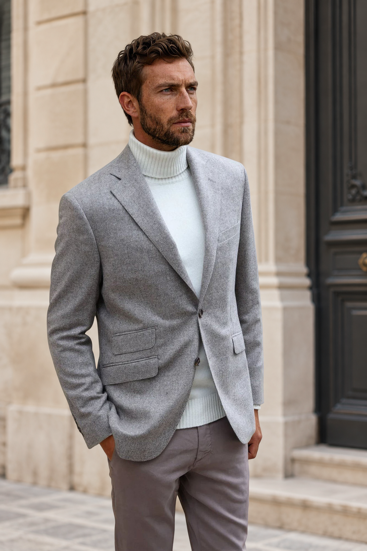 Veste Goal en laine et cachemire - Chevron beige-VESTE BLAZER HOMME-Curling-Paris