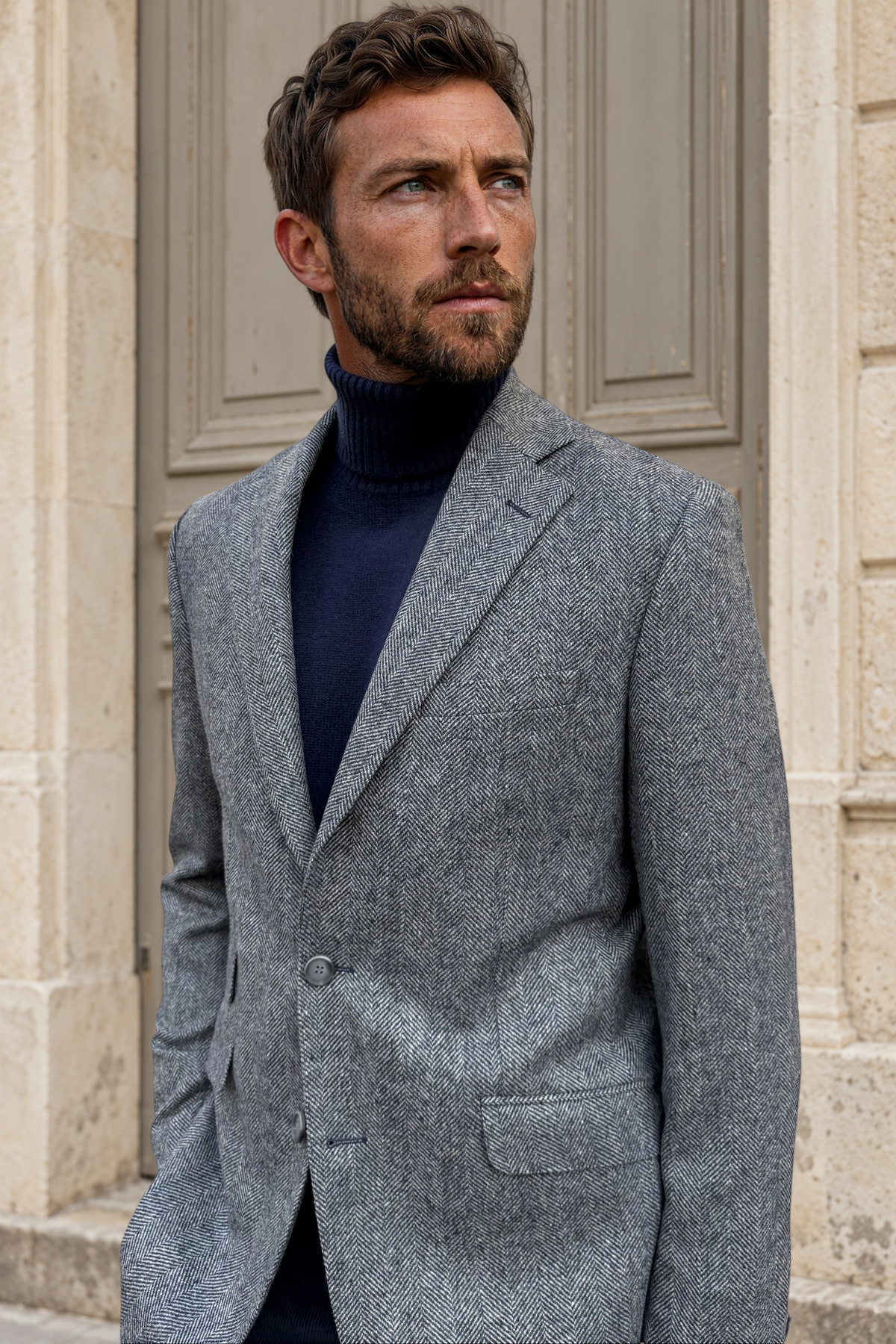 Veste Goal en laine vierge Angelico à chevrons - Jean / Gris-VESTE BLAZER HOMME-Curling-Paris
