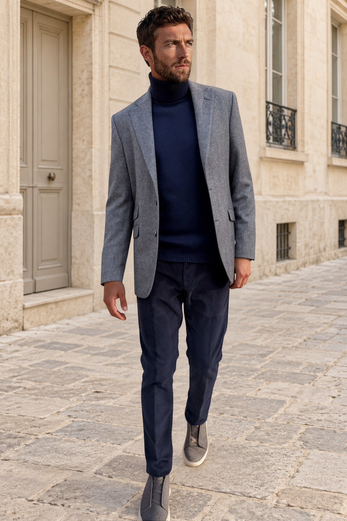 Veste Goal en laine vierge Angelico à chevrons - Jean / Gris-VESTE BLAZER HOMME-Curling-Paris