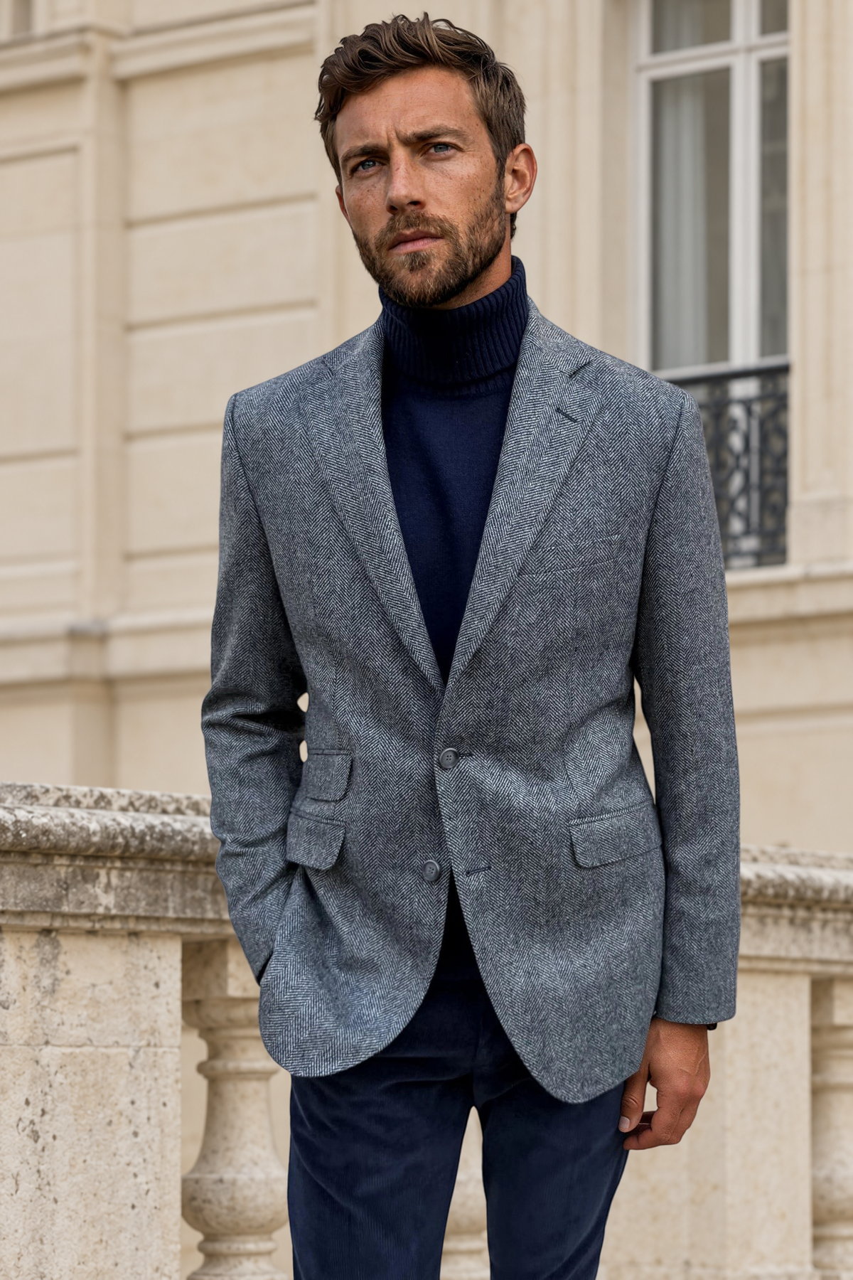 Veste Goal en laine vierge Angelico à chevrons - Jean / Gris-VESTE BLAZER HOMME-Curling-Paris
