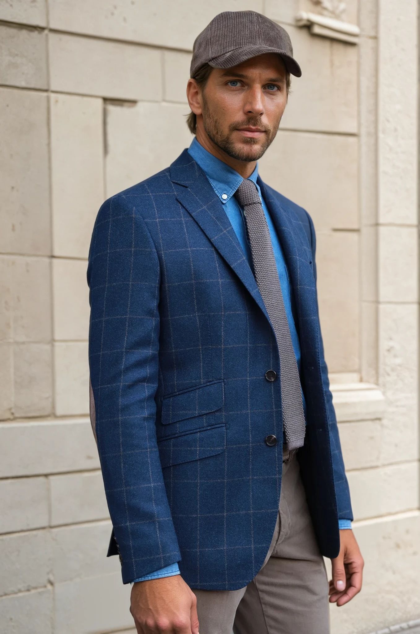 Veste Goal pure laine avec coudières - Carreaux Bleu-VESTE BLAZER HOMME-Curling-Paris