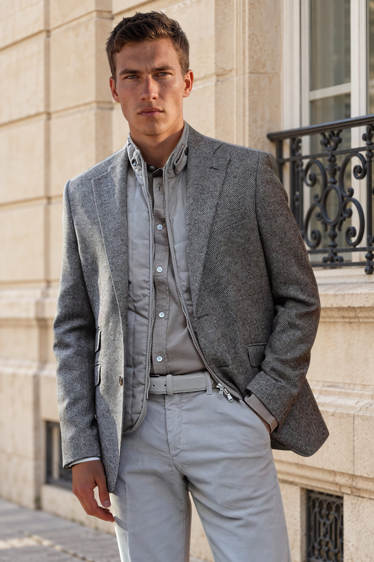 Veste Curling Goal en tweed de laine mérinos beige café portée par un mannequin dans un paysage désertique