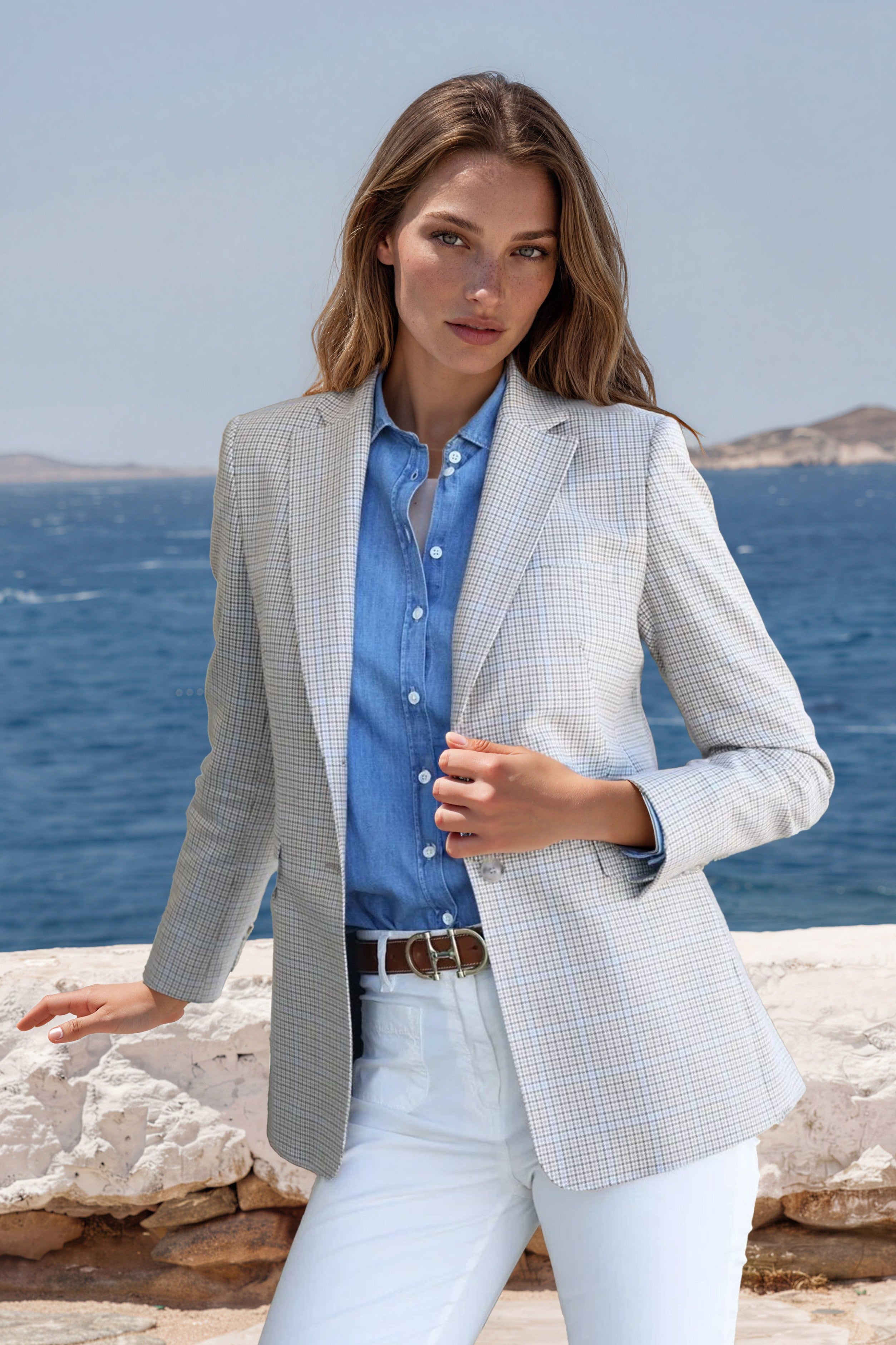 Veste Isabel 100% coton - Beige & ciel-VESTE BLAZER FEMME-Curling-Paris