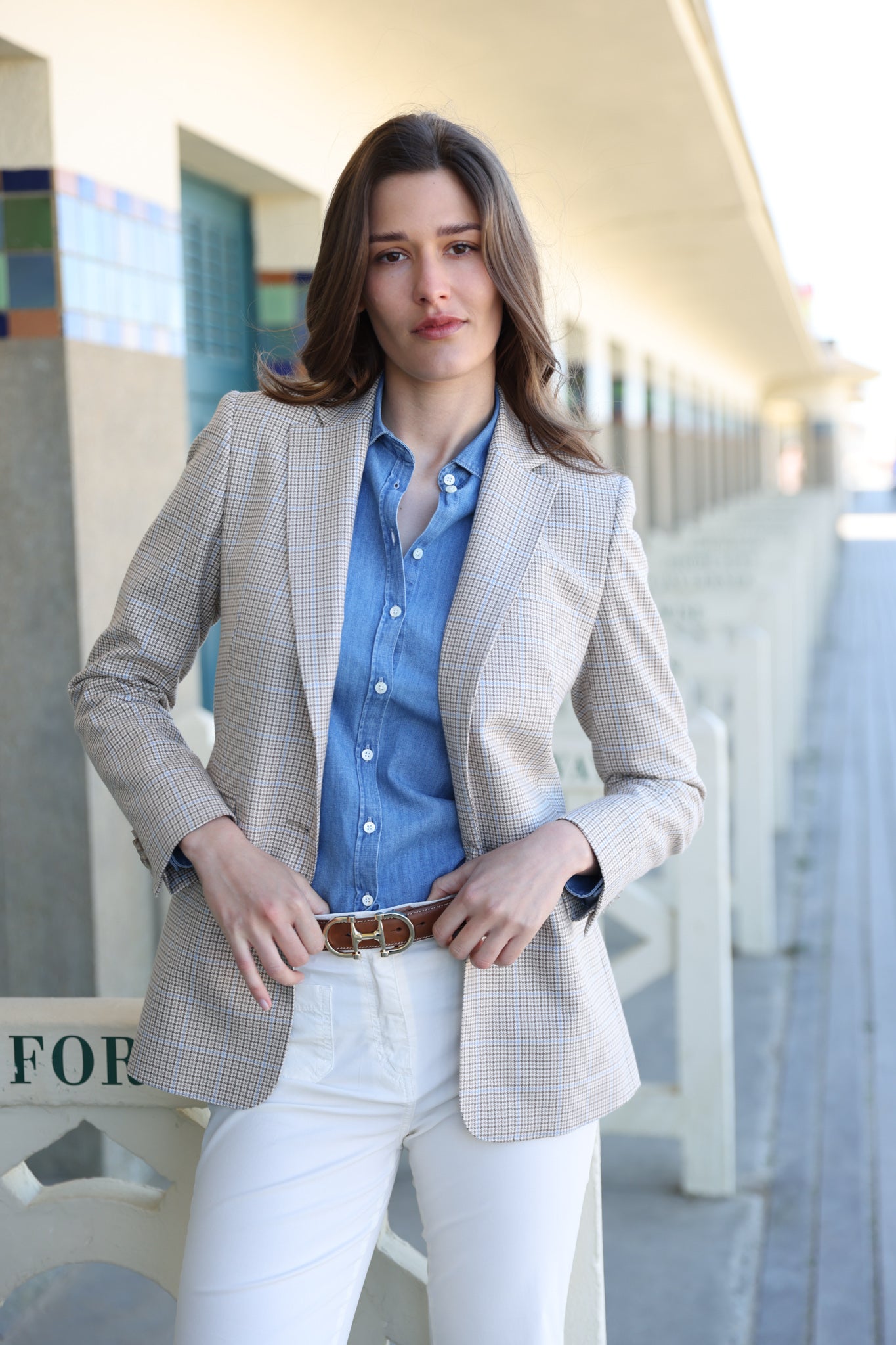 Veste Isabel 100% coton - Beige & ciel-VESTE BLAZER FEMME-Curling-Paris
